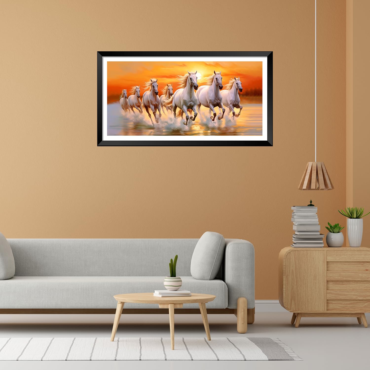 Decorsmantra Seven White Running Horses Vastu Paintings For Living Room|7 Running Horses Vastu Painting Wall Decoration|Vastu Ph