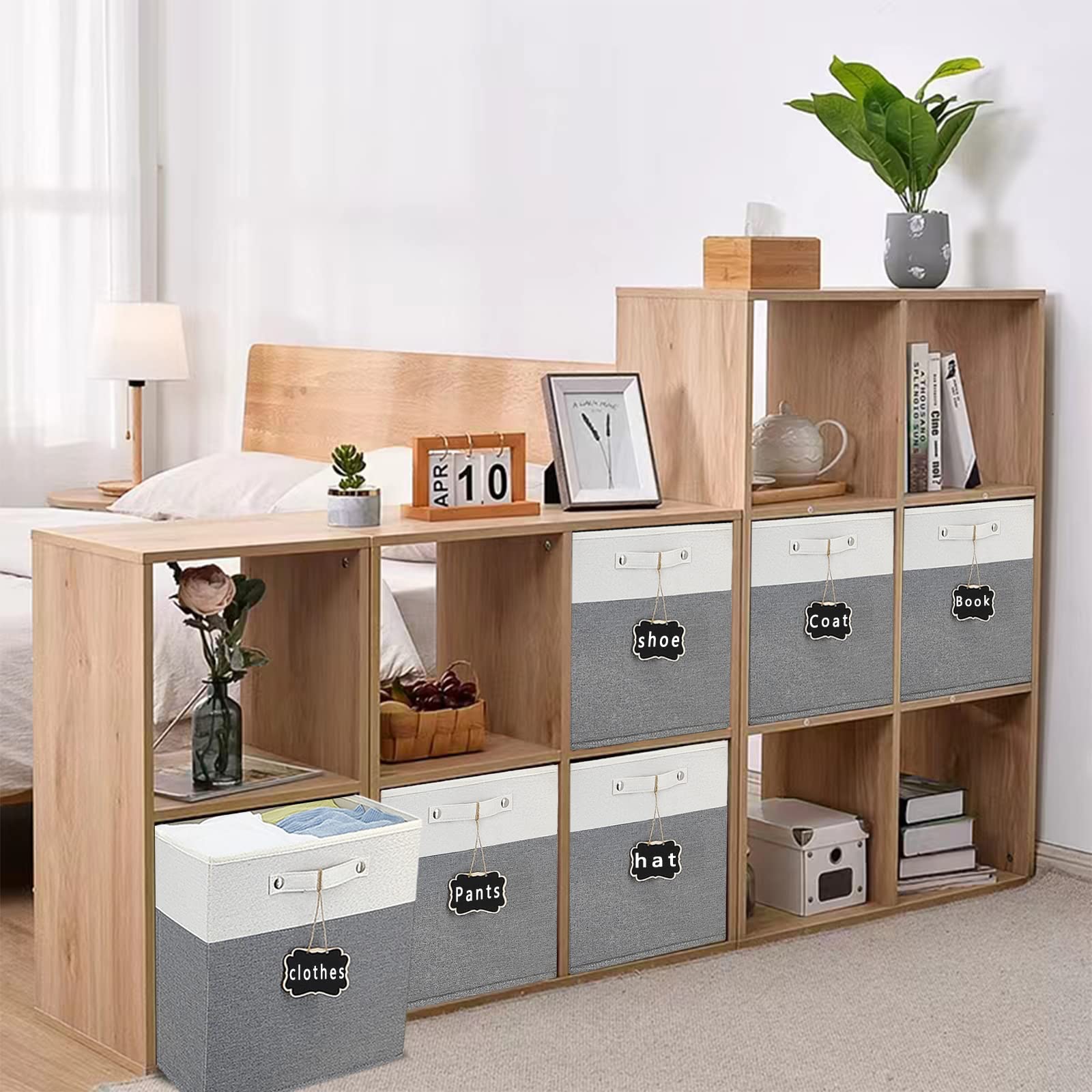 11X11 Cube Storage Bins 4 Pack,Collapsible Fabric Storage Cubes With Labels,Linen Cube Storage Organizer Bins With Cotton Handle