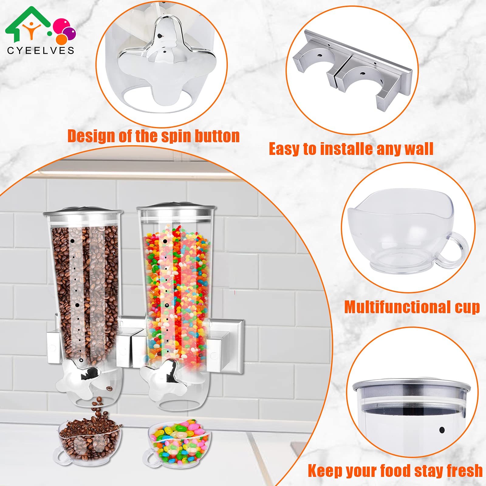 Cereal Dispenser Wall Mounted, Large Dry Food Dispenser With Cup, Grains Dispenser Wall Mounted, Candy Dispenser Wall Mount For