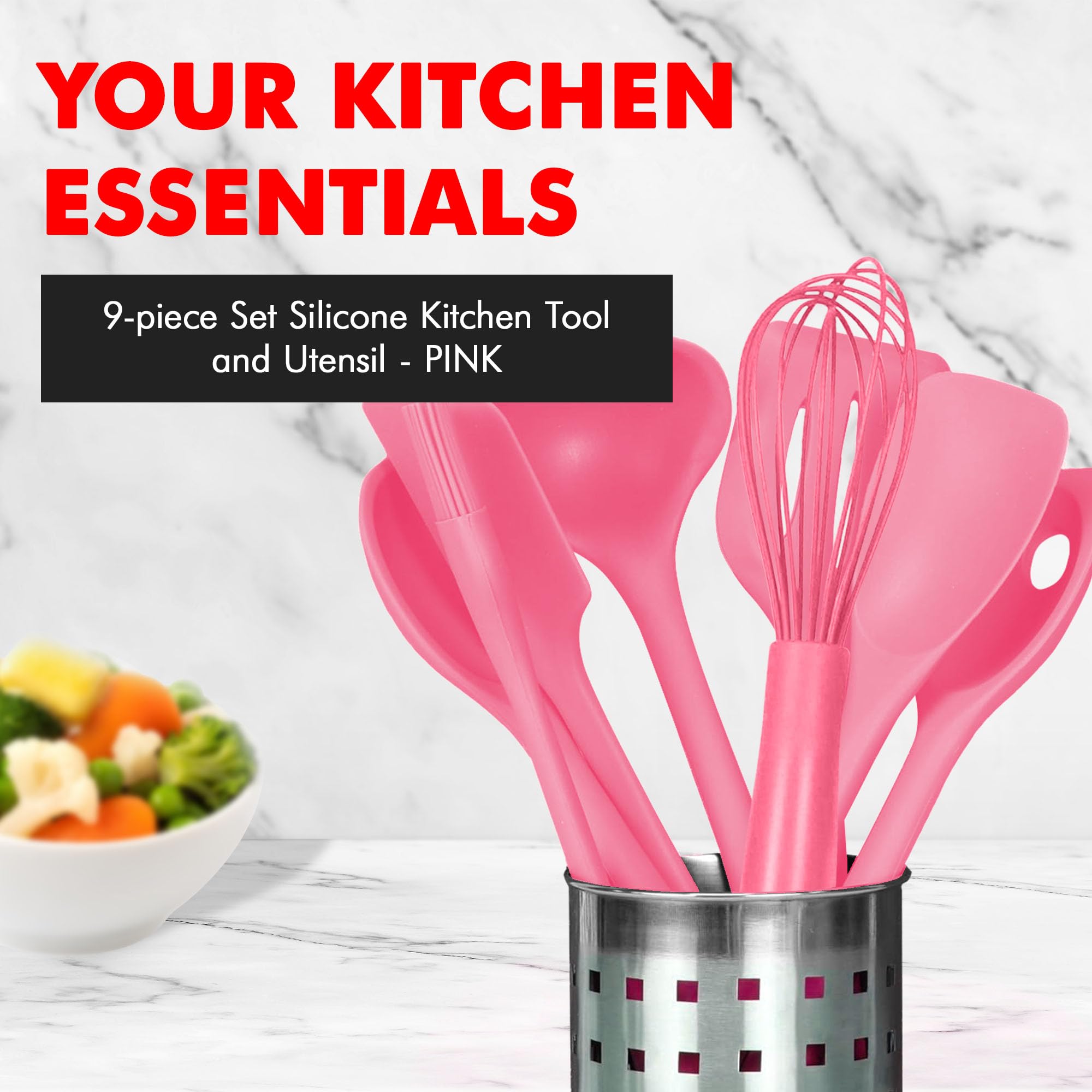 Chef Craft Premium Silicone Kitchen Tool And Utensil, 9 Piece Set, Pink