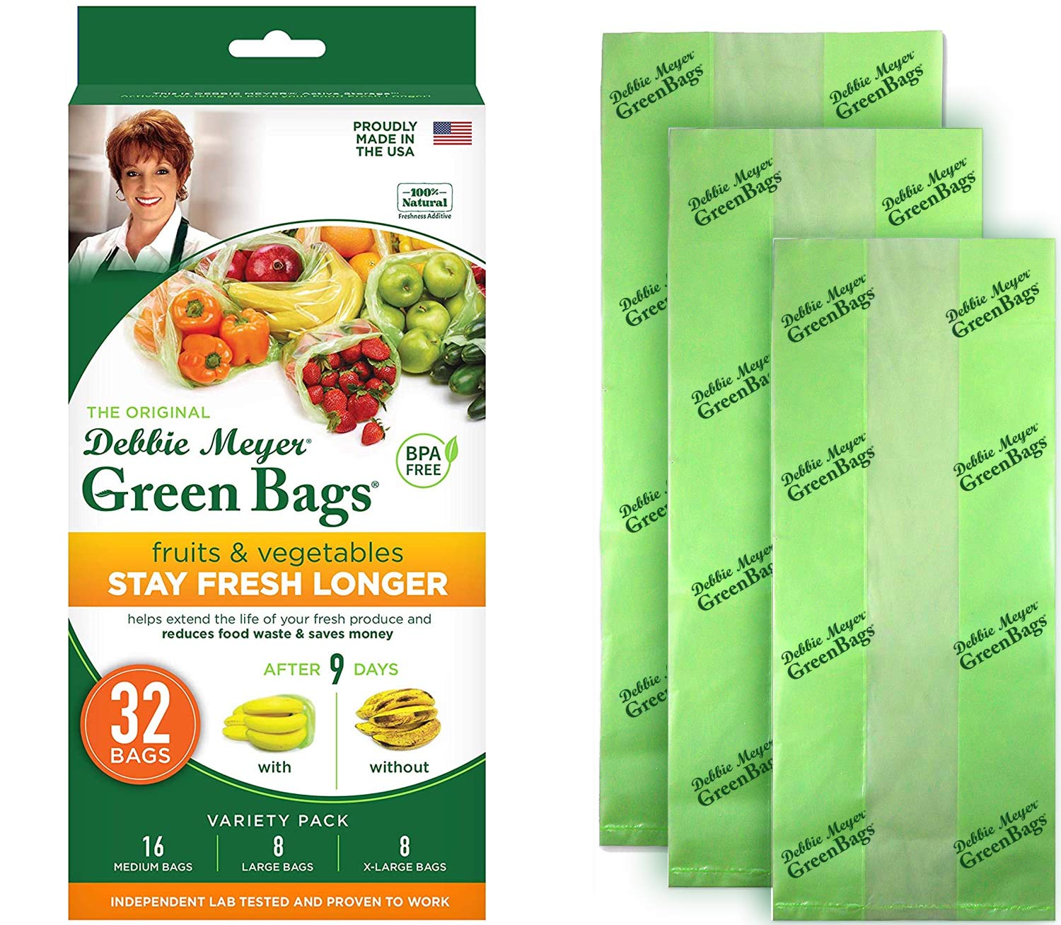 Debbie Meyer Greenbags 32-Pack (16M, 8L, 8Xl) - Keeps Fruits, Vegetables, And Cut Flowers, Fresh Longer, Reusable, Bpa Free, Mad