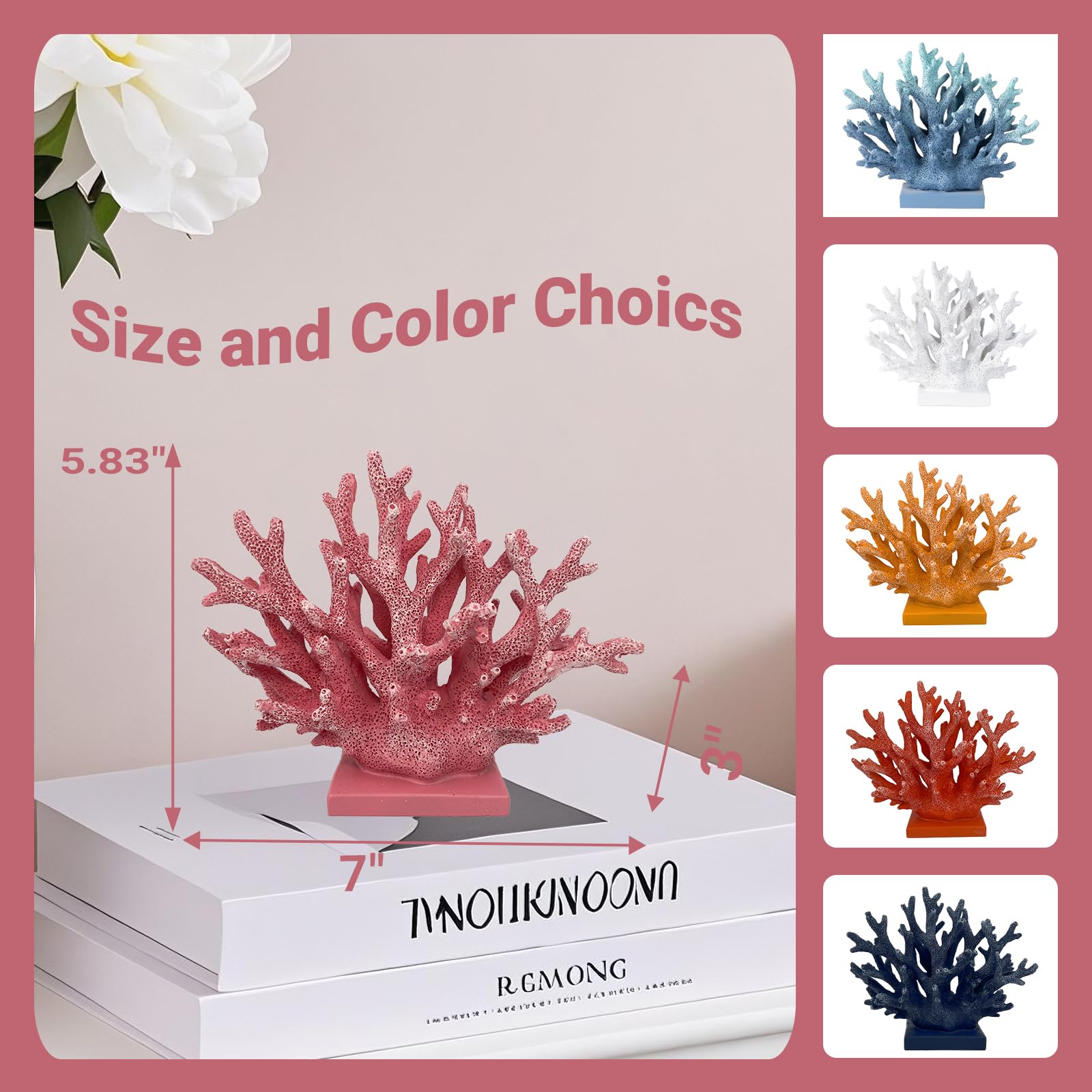Elegondrar 5.8 H Pink Coral Decor - Resin Coral Statue, Nautical Decor for Home, Bedroom, Bathroom, Living Room, Ocean Themed Ca