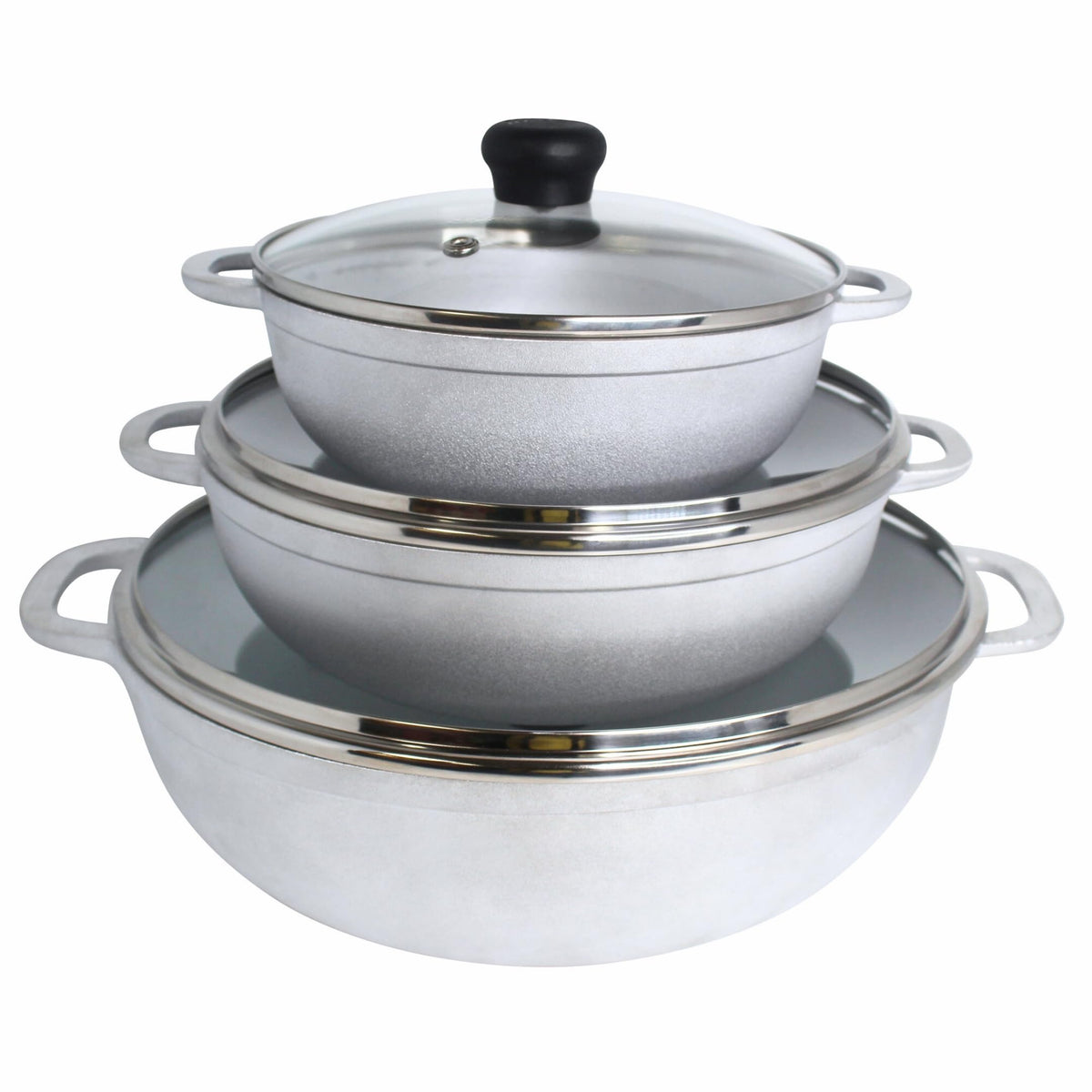 IMUSA 3 Piece Caldero Set with Tempered Glass Lid 1.5/2.5/5.2Qt, Aluminum, Silver