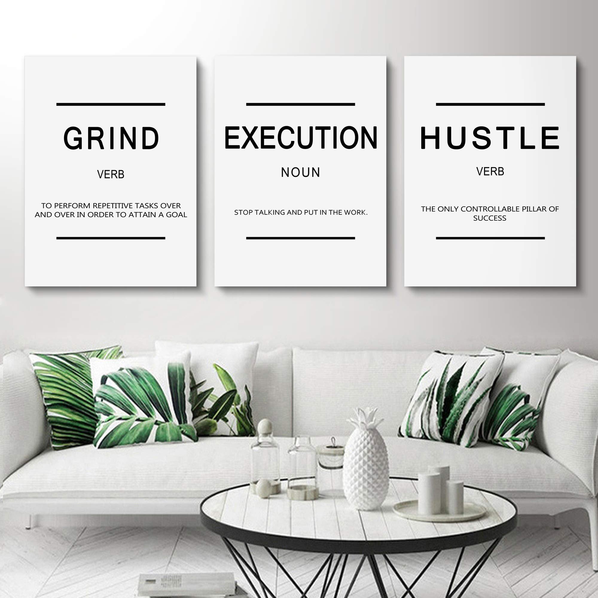 Framed Canvas Wall Art Success Quote, Office Wall Art, White Large Poster, Positive Motivational Set Of 3 Prints, Grind Executio