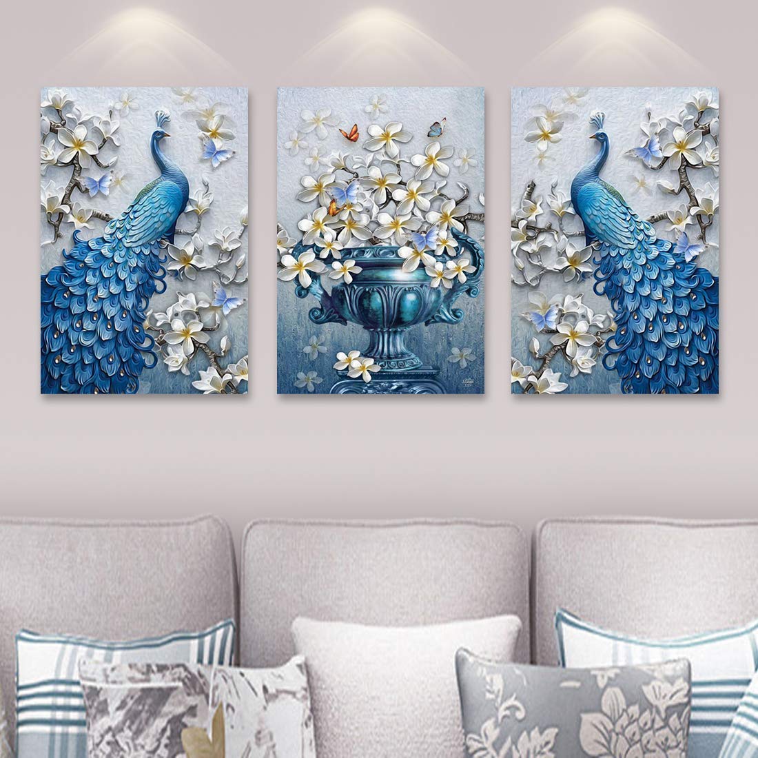 Rangoli 3D Print Peacock Mdf Framed Painting For Home Decoration (3D Unique, 12 Inch X 18 Inch,Each Frame Size Set Of 3)