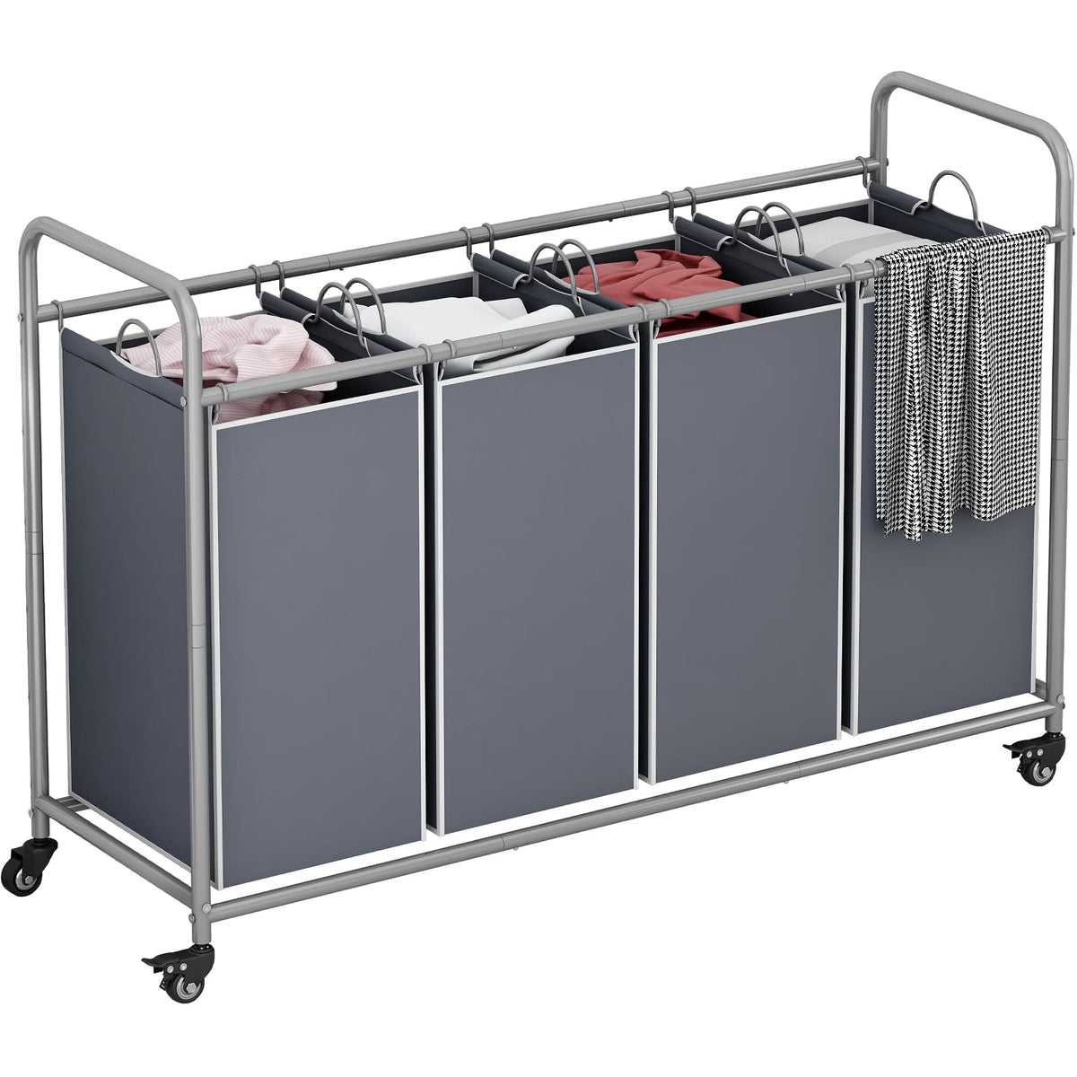 Linzinar 4 Bag Laundry Basket Sorter Laundry Hamper Cart With Heavy Duty Rolling Lockable Wheels And Removable Bags, Grey