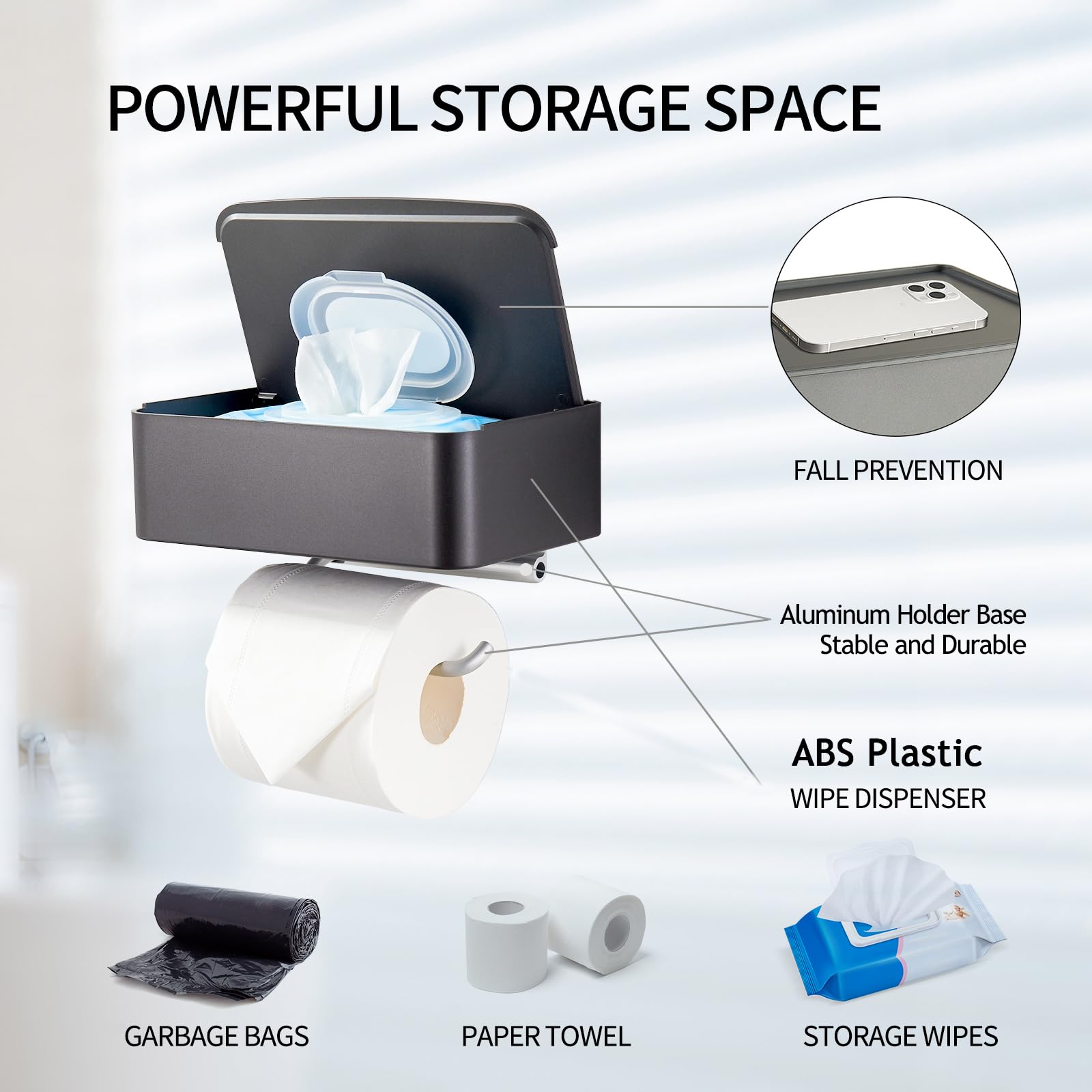 Freeangle Toilet Paper Holder With Shelf,Flushable Wipes Dispenser Wall Mounted Grey Bathroom Storage Rack Hide Wet Wipes For Ba
