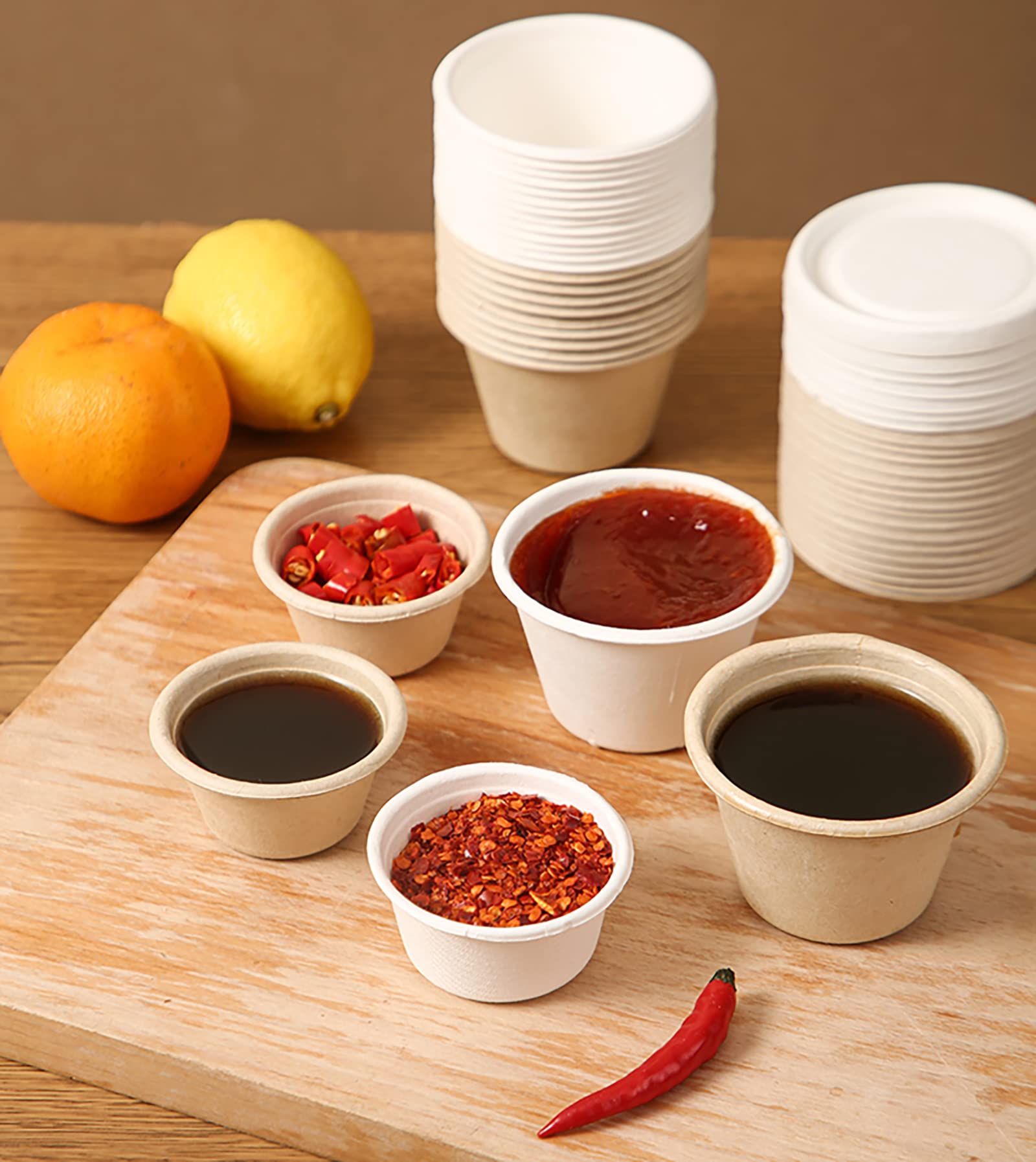 Yesland 200 Pack 2 Oz Natural Bagasse Fiber Cups With Lids, Paper Tasting Cups Disposable Sample Food Cup, Compostable Sauce Con