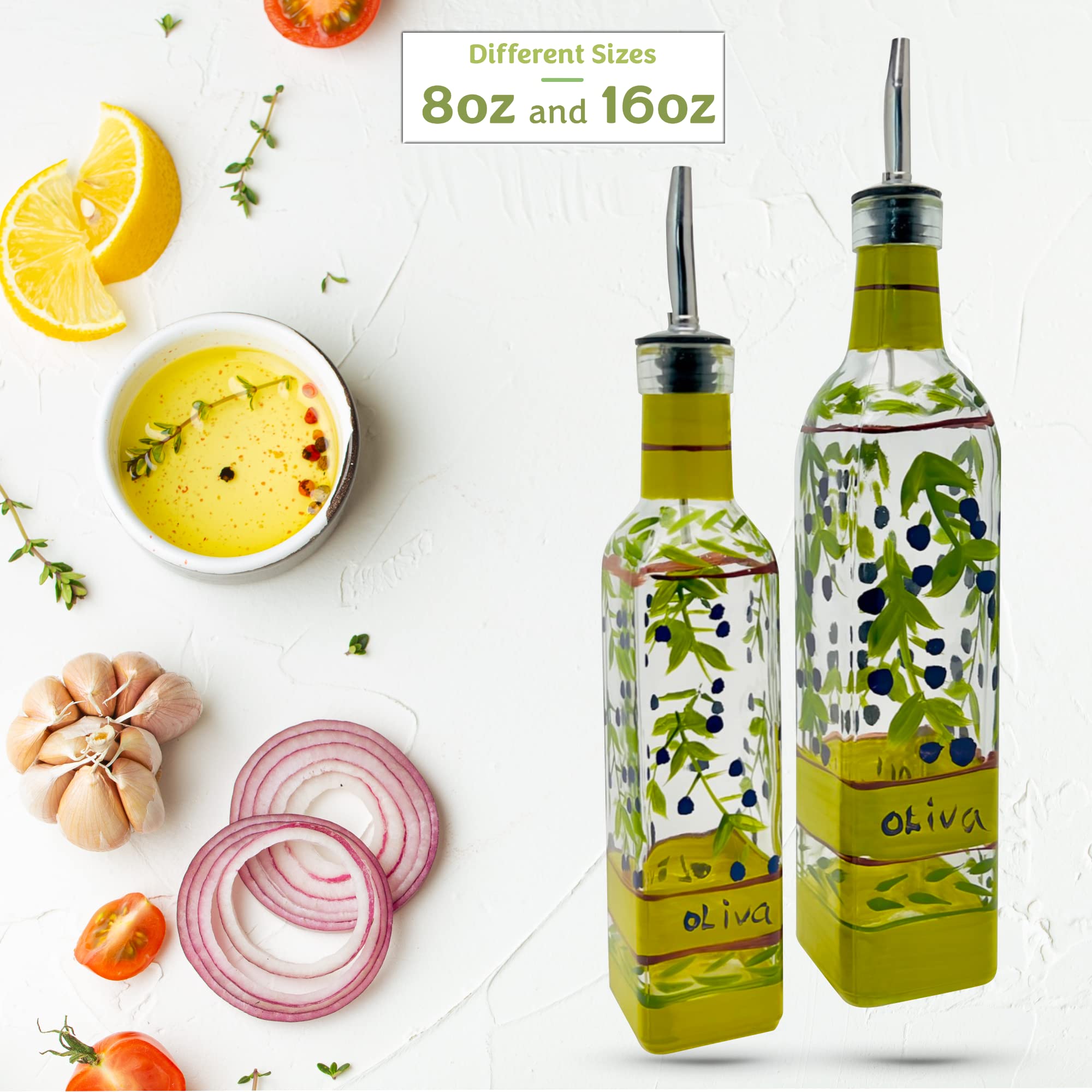 Containly Hand Painted Glass Oliva Branch Oil/Vinegar Glass Cruet For Kitchen, 8 Oz Olive Oil Dispenser With Stainless Steel Spo