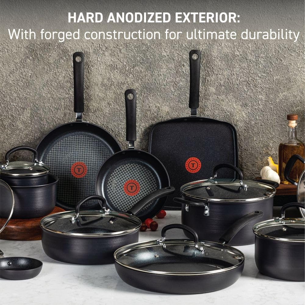 T-fal Ultimate Hard Anodized Nonstick Cookware Set 17 Piece, Oven Broiler Safe 400F, Lid Safe 350F, Kitchen Cooking Set w/ Fry P