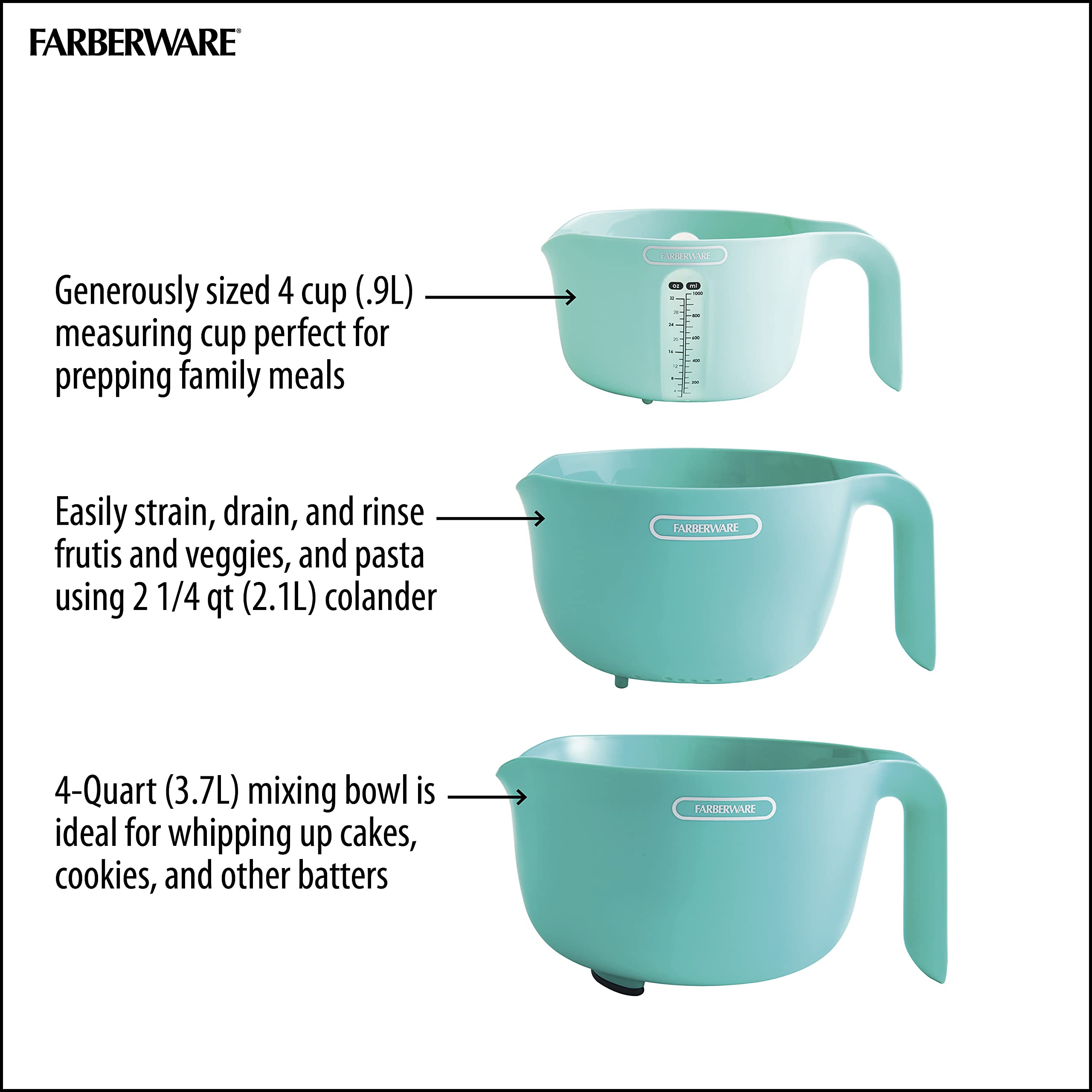 Farberware 3-Piece Professional Measure Colander Bowl Set, Aqua, Model 5270003