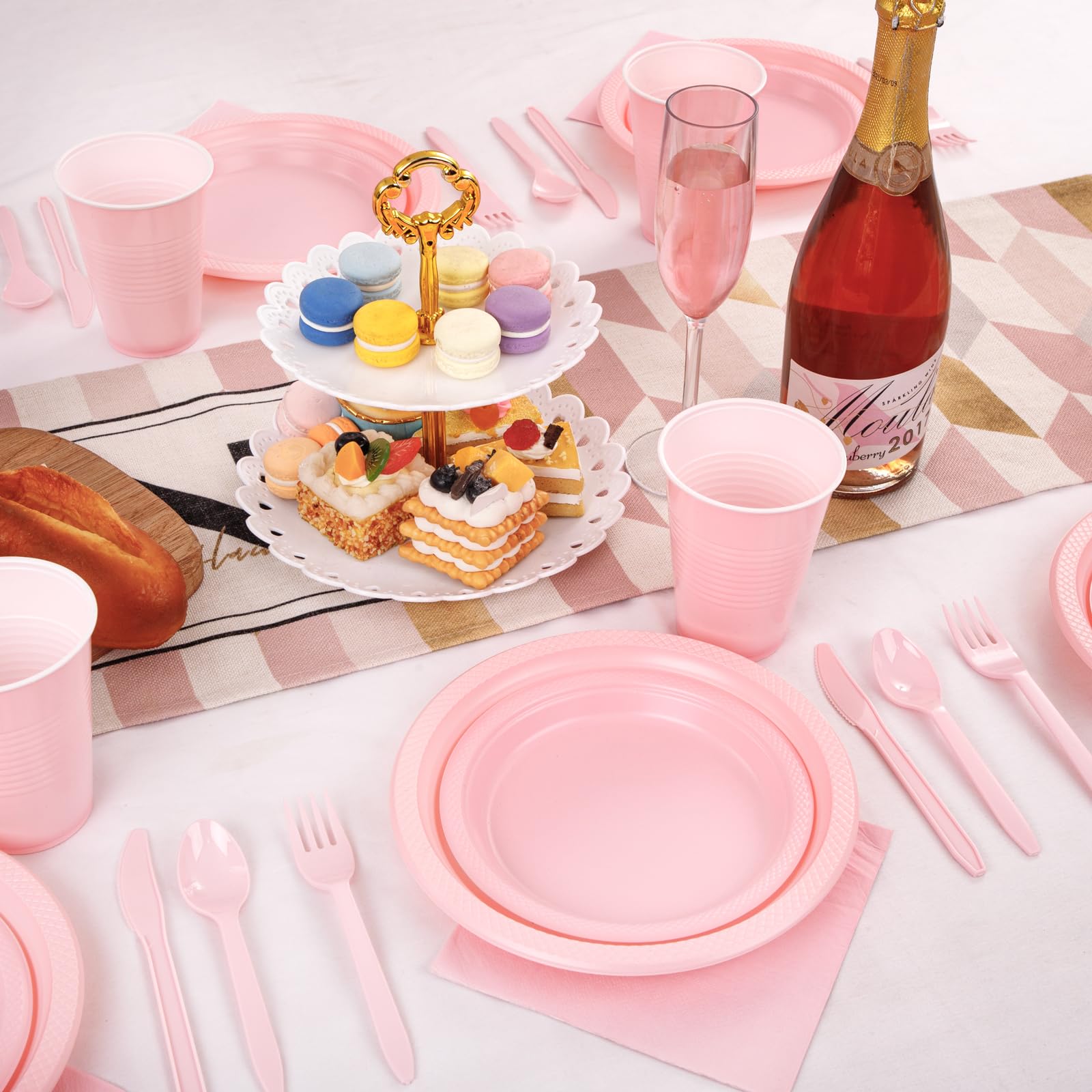 Mirthmood 350Pcs Pink Party Supplies Set,Valentines Day Plates Including Pink Plastic Plates, 12Oz Pink Cups, Pink Plastic Cutle