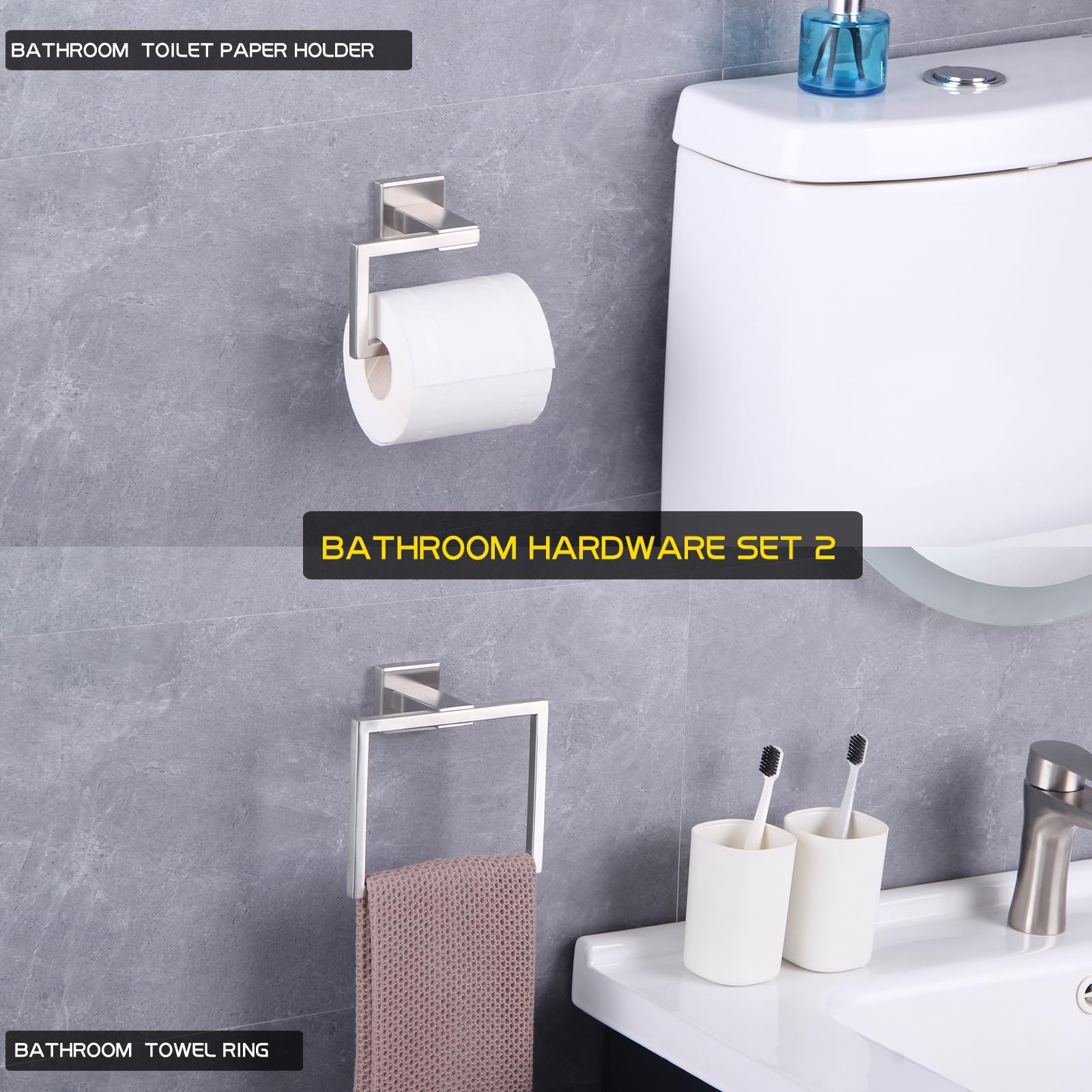 GERZ Bathroom Hardware Accessories Sets Brushed SUS304 Stainless Steel Bath Shower Set 2-Pieces (Toilet Paper Holder Towel Ring) Contemporary Style