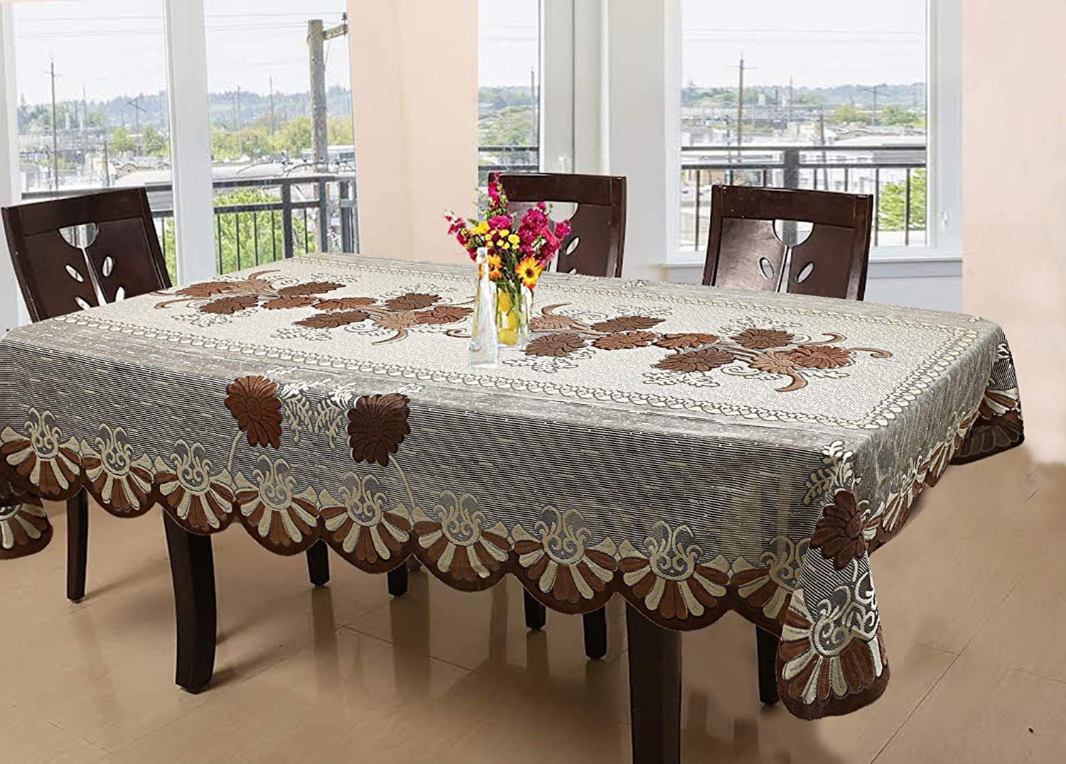 Kuber Industries Floral Cotton 6 Seater Dining Table Cover - Brown (Ctktc05158)