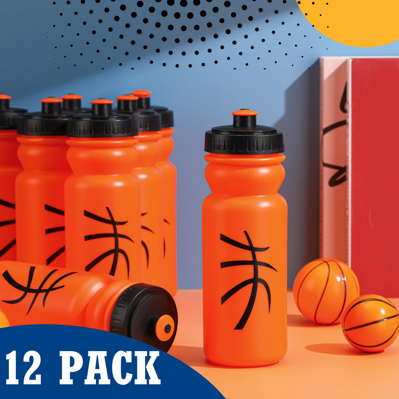 Nitial 12 Pack Basketball Water Bottles Bulk 20 oz Reusable Squeeze Water Bottles Plastic Sports Bottle with Pull Top Cap Sports