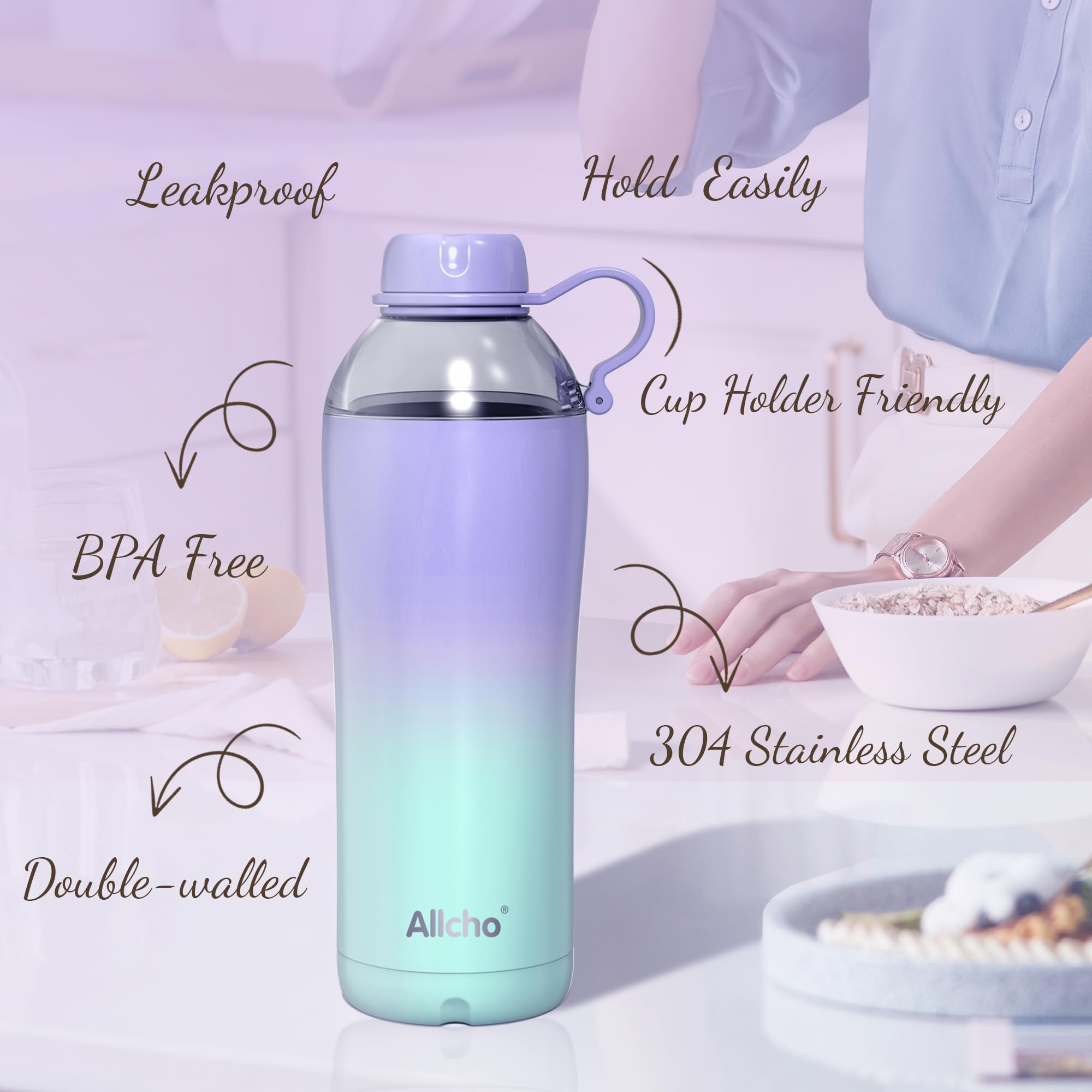 Allcho Insulated Water Bottle Christmas Gifts for Women, 18 oz Stainless Steel Water Bottles, Double Walled, 2 Lids (Chug & Tumb