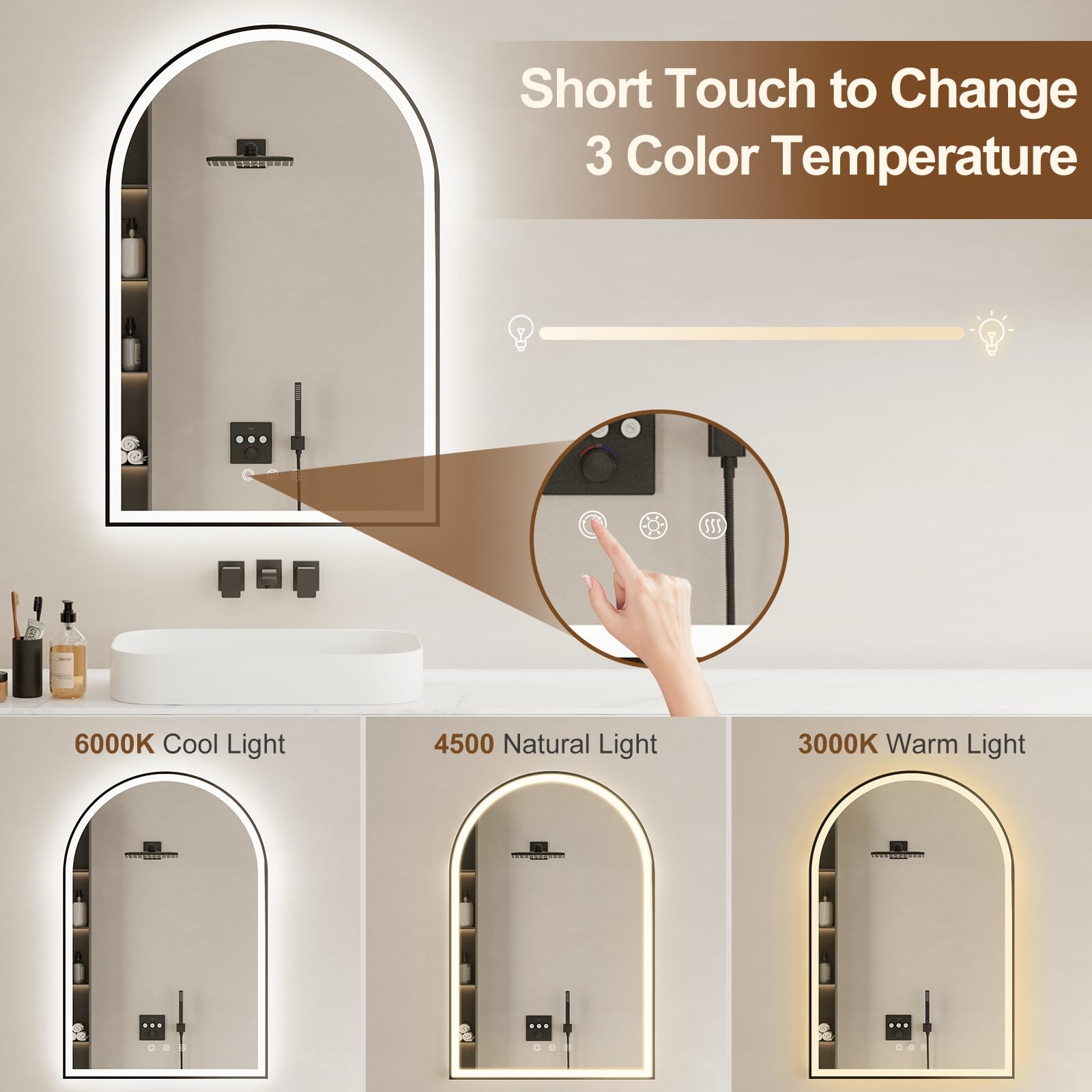 Oumusu Arched Led Bathroom Mirror 24''X36'' With Front And Backlight, Black Bathroom Mirror With Lights-Anti-Fog, Dimmable-Led M