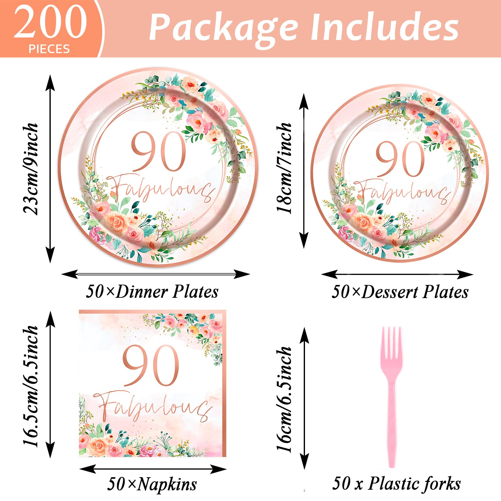 200Pcs 90Th Birthday Party Supplies Rose Gold Tableware Set Fabulous Disposable Plates Napkins Forks 90Th Birthday Party Decorat
