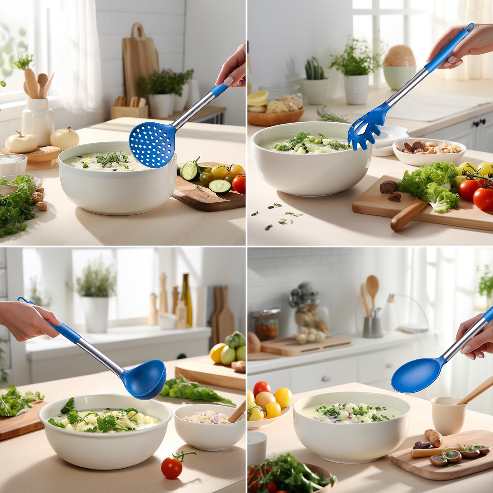 Silicone Kitchen Utensils Set - Culinary Couture 6-Pieces Blue Silicone Cooking Utensils Set For Nonstick Cookware - Stainless S