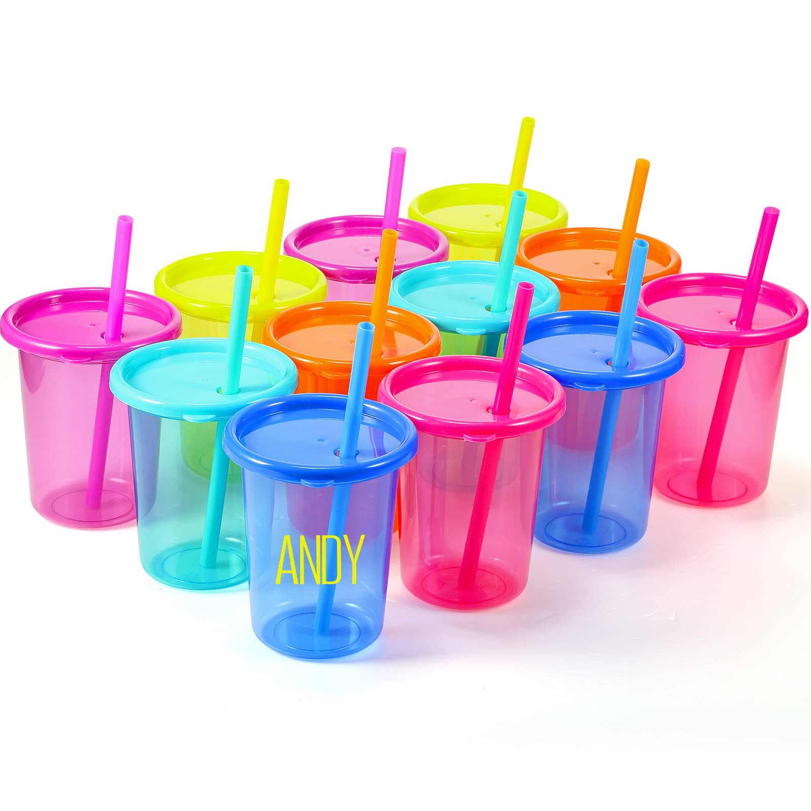 Sawysine 12 Pieces Cups with Straws and Lids, Plastic Tumbler Cups Bulk with Colored Alphabet Stickers, Reusable Spill Proof