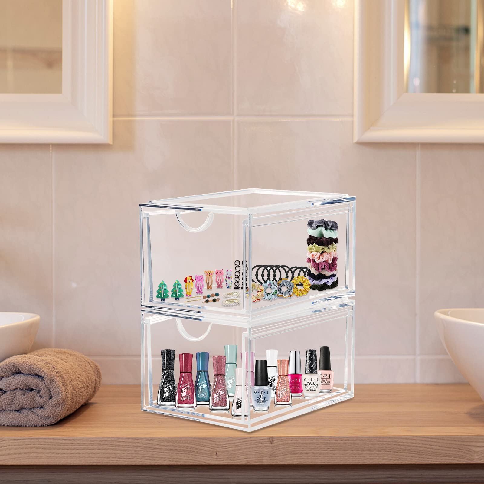 Stackable Cosmetic Organizer Storage Drawers, Set Of 2 Acrylic Makeup Storage Organizer, Clear Storage Bins For Bathroom Vanity