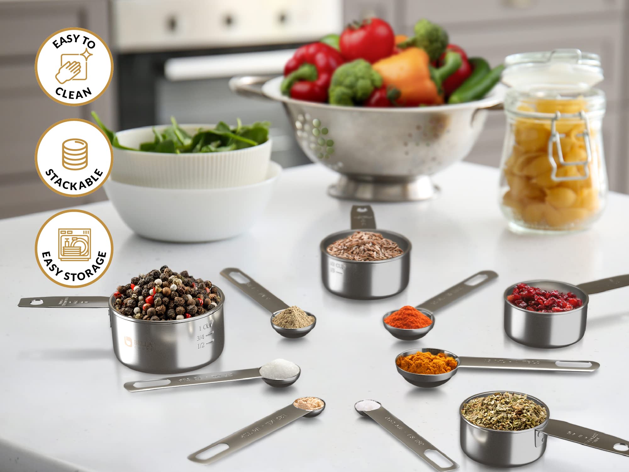 Bella Cooks Measuring Cup Set - Stainless Steel Measuring Spoons And Cups - Stackable And Hangable - Baking Measuring Cups - Wit