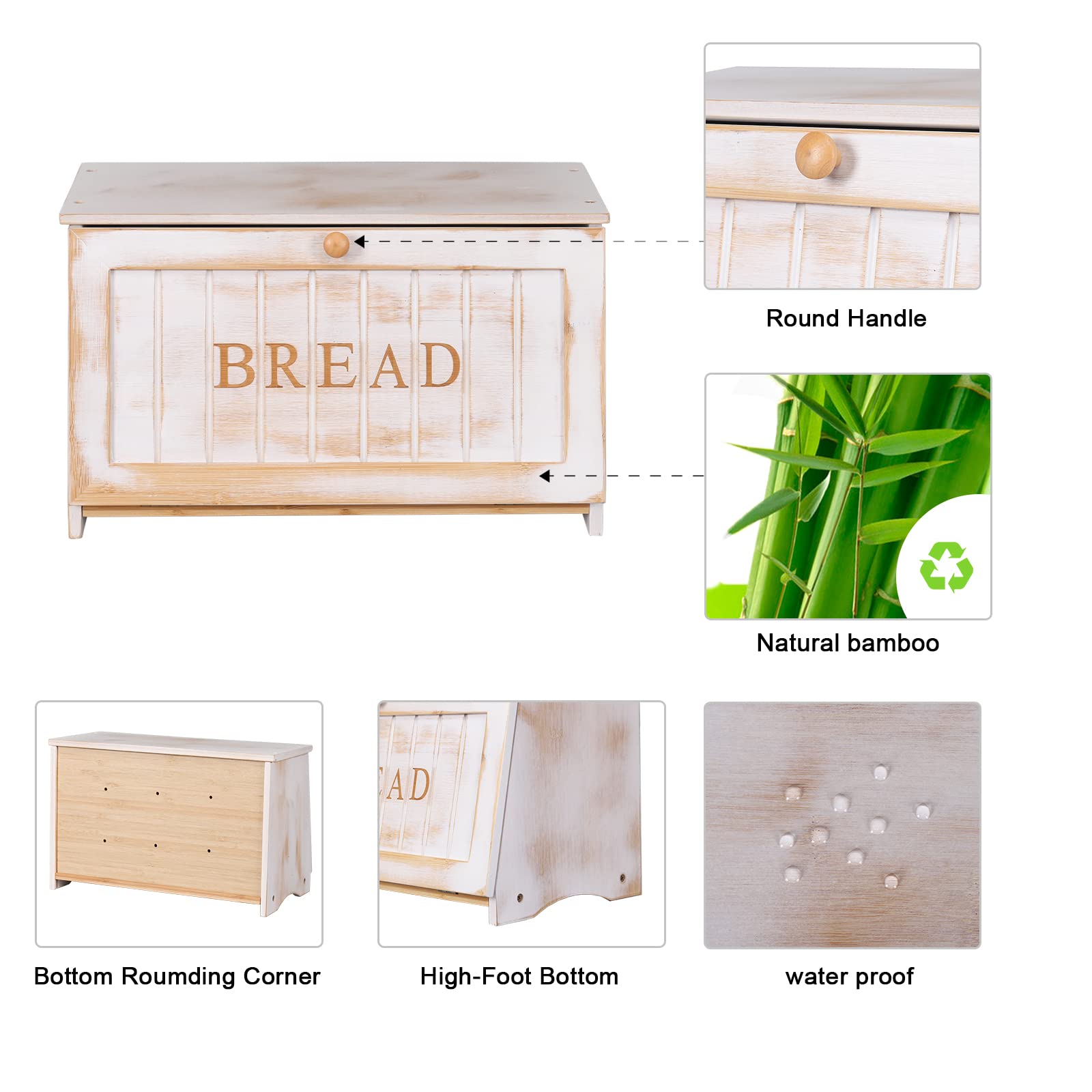 Homekoko Vintage Large Wood Bread Box For Kitchen Counter, Retro Design Single Layer Bamboo Large Capacity Food Storage Bin (Whi