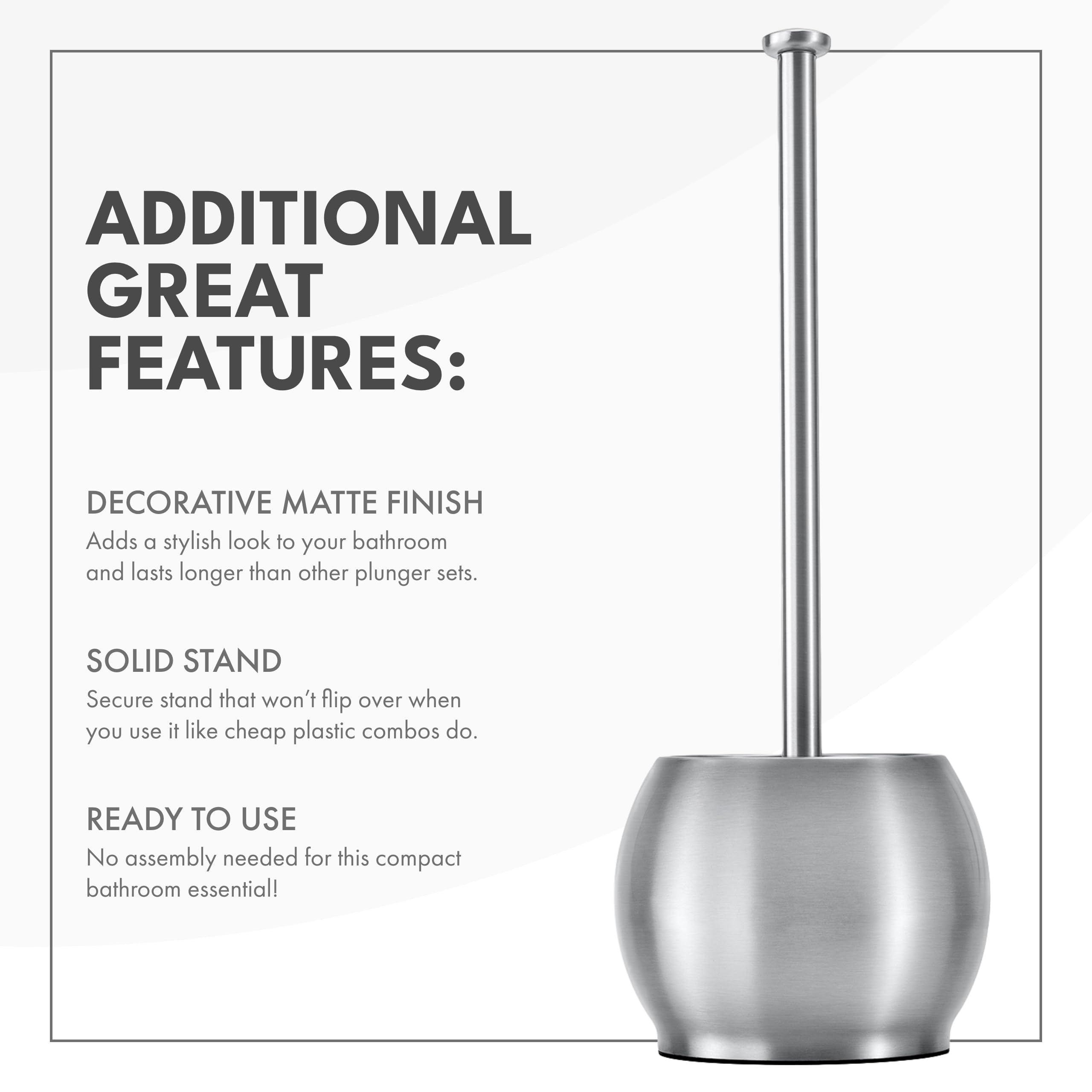 Toilettree Products Stainless Steel Plunger - Heavy Duty Toilet Bowl Plunger With Holder For Bathroom Essentials And House Clean