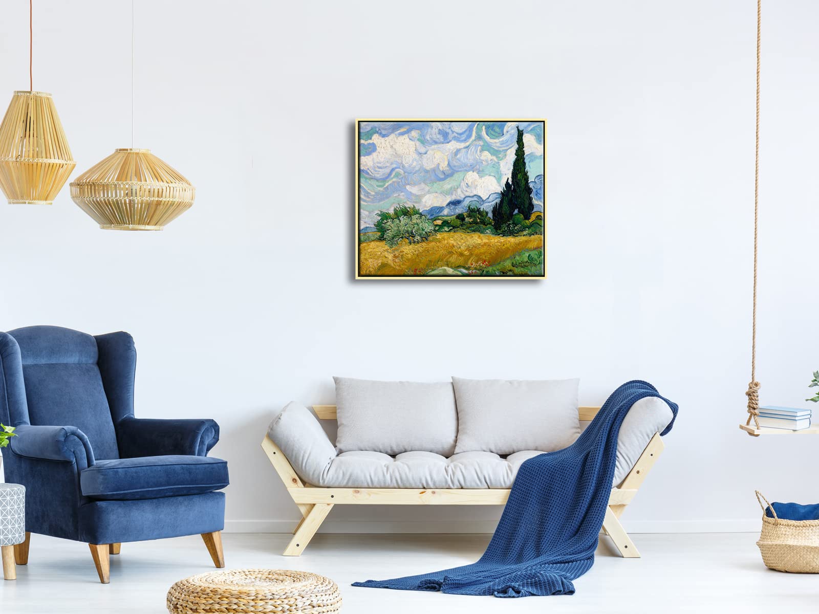 Wieco Art Framed Canvas Art Wheat Field With Cypresses By Van Gogh Impressionist Landscape Oil Paintings Canvas Prints Artwork W