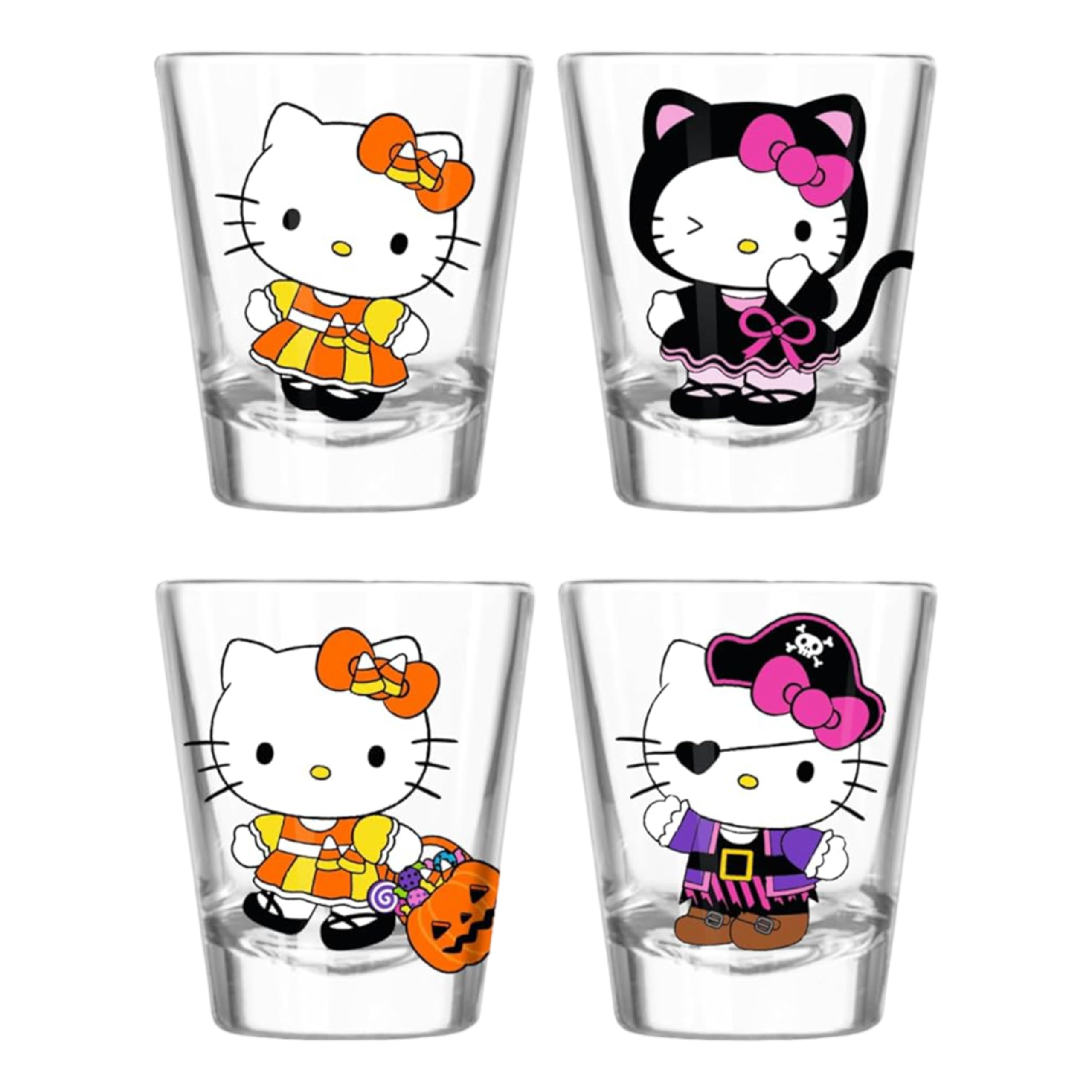 Silver Buffalo Sanrio Hello Kitty Halloween Spooky Costume Poses 4 Pack Mini Glass Set, 1.5 Ounces