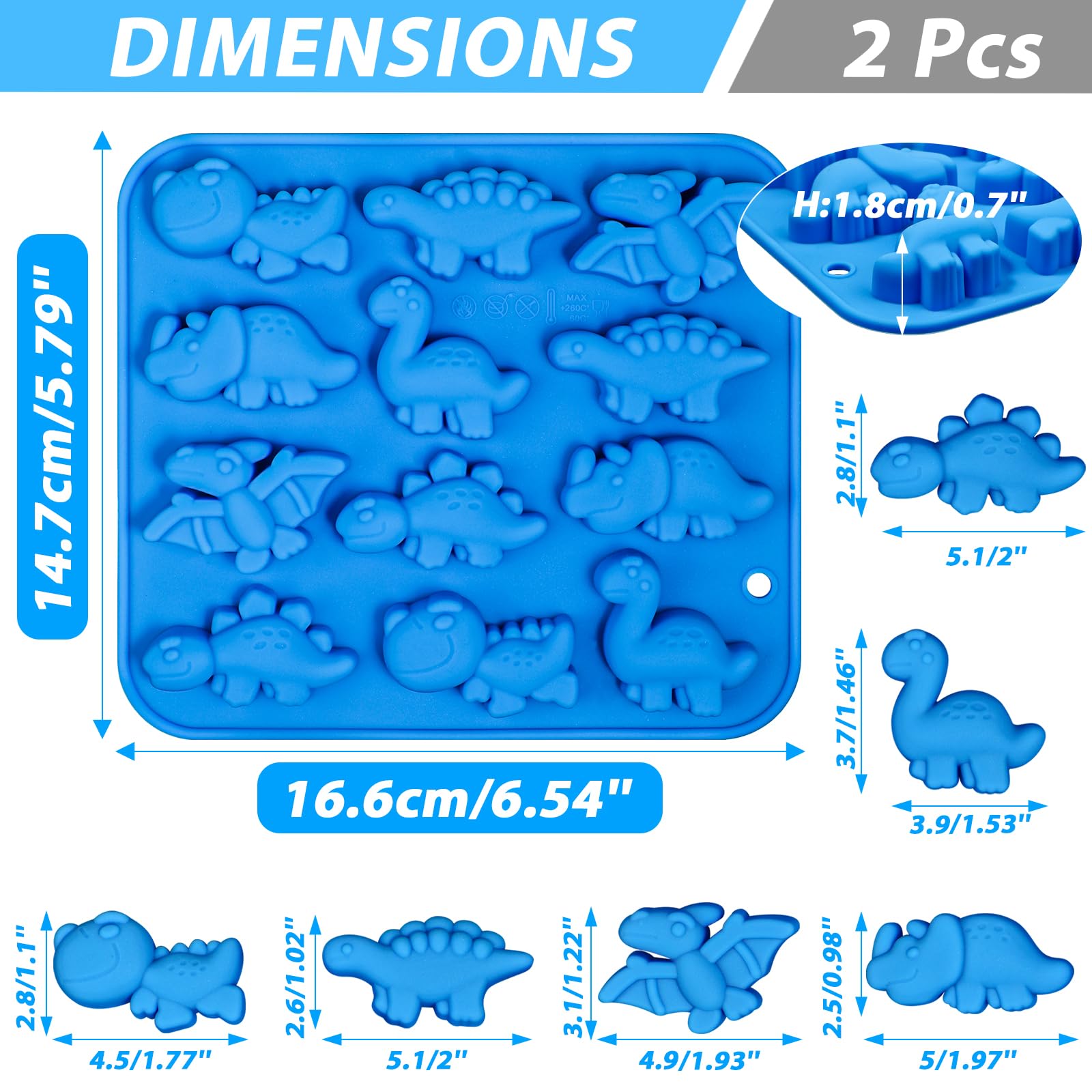 Webake Dinosaur Candy Silicone Molds 12-Cavity Dinosaur Molds Shaped With T-Rex, Stegosaurus, Triceratops, Great For Candy, Choc