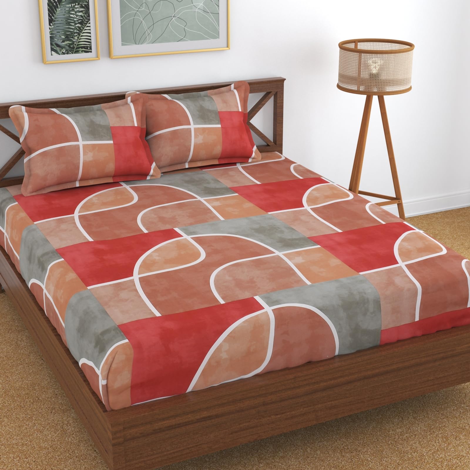 Kawi Elastic Fitted Printed Bedsheets Queen Size (60X78) Cotton Feel Dpuble Bed, 2 Pillow Covers 200Tc - Red Colour