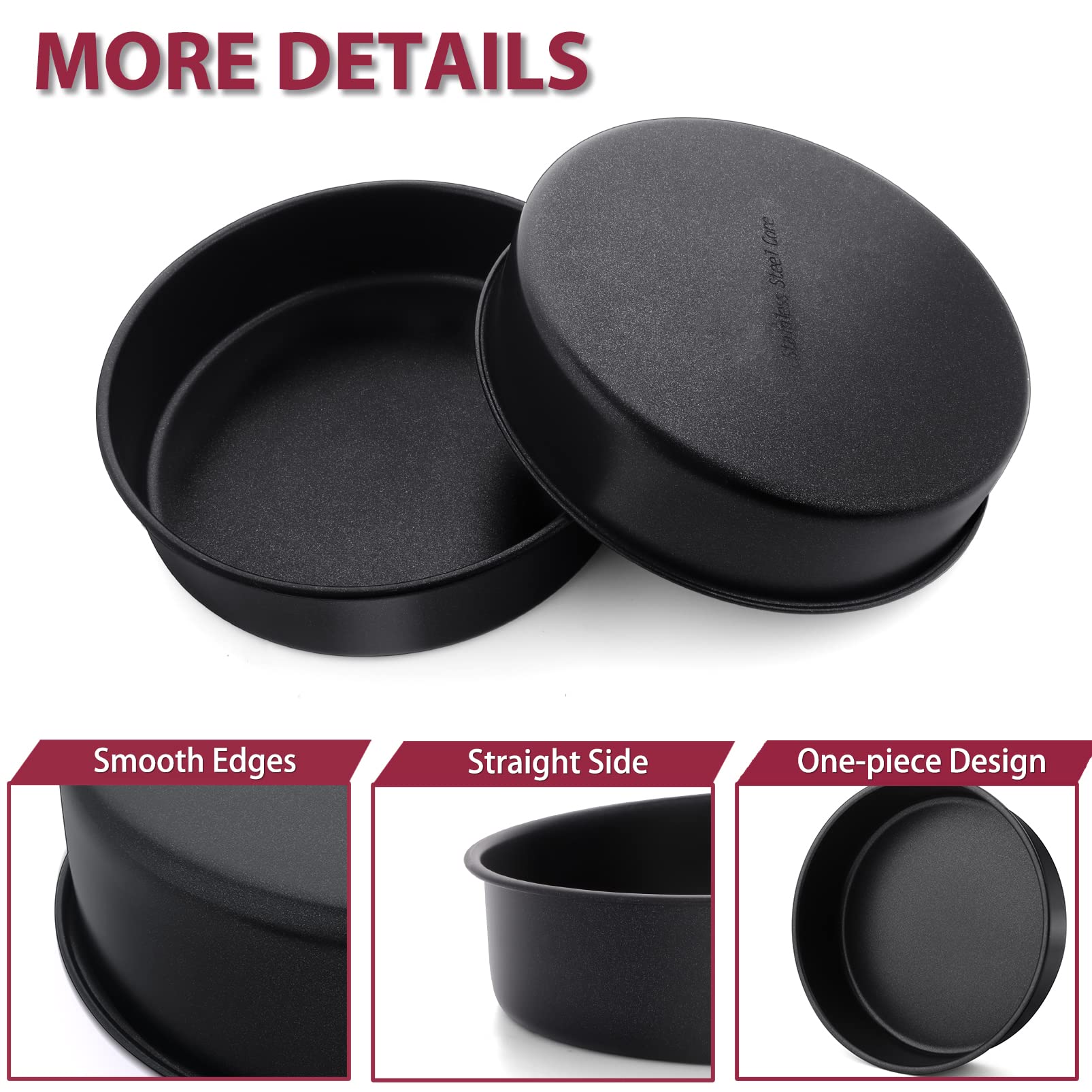 8 Inch Round Cake Pan Set, P&P Chef 3 Piece Non-Stick Cake Baking Pans For Birthday Wedding Layer Cakes, Stainless Steel Core &