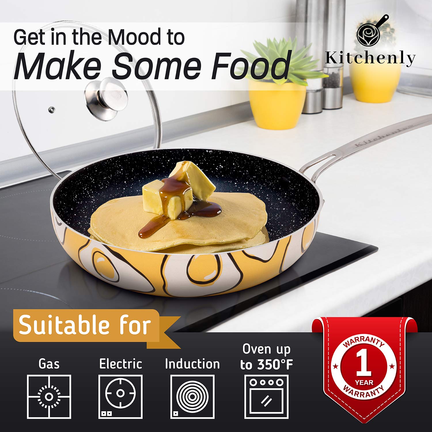 Kitchenly Happy Frying Pan & Lid - Nonstick Pan, Deep Nonstick Frying Pan Stone Cookware - Oven, Electric, Gas, And Induction Co