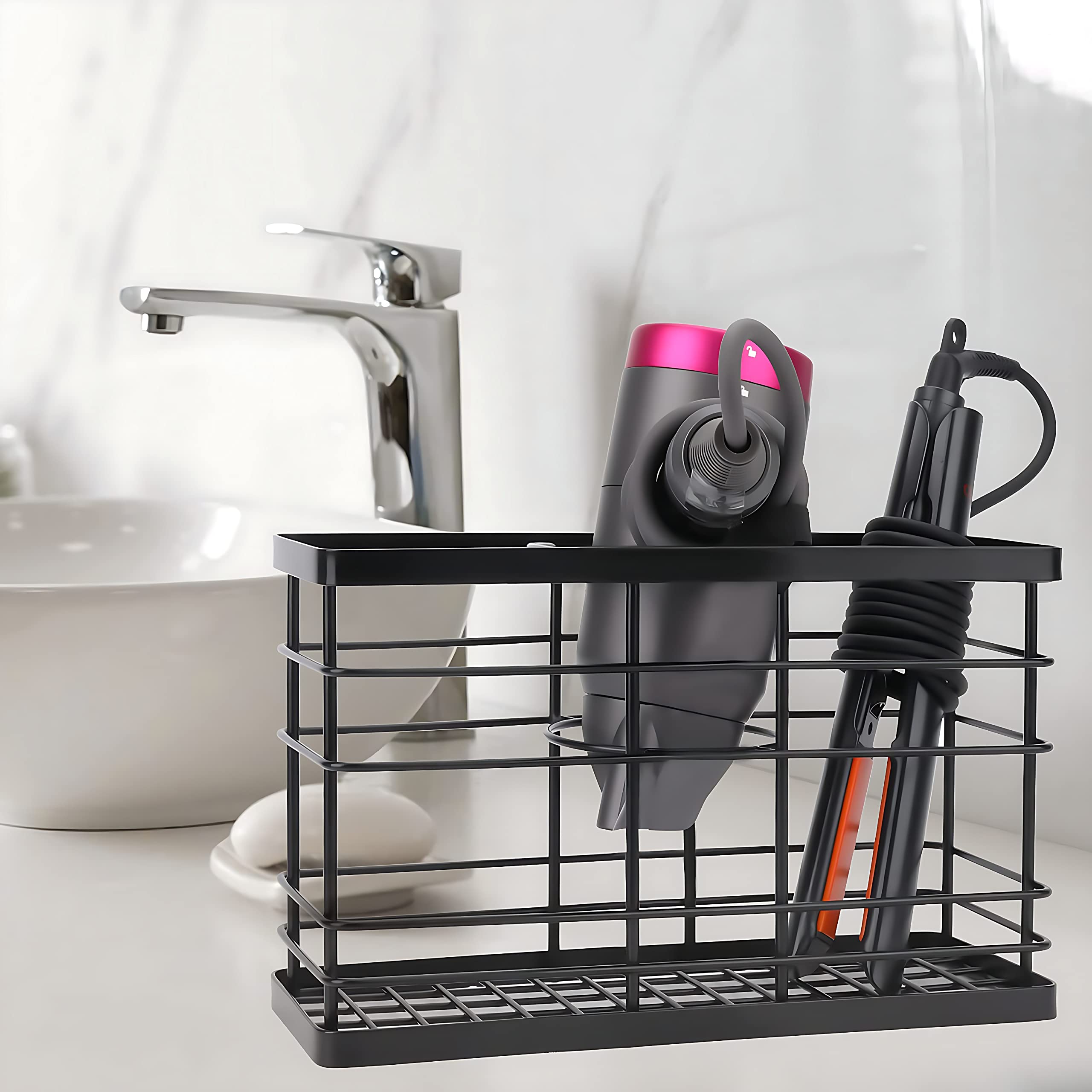 Wetheny Hair Dryer Holder Hair Tool Organizer Wall Mounted/Cabinet Door,Anti-Rust Coating Hair Styling Tools,Bathroom Storage Or
