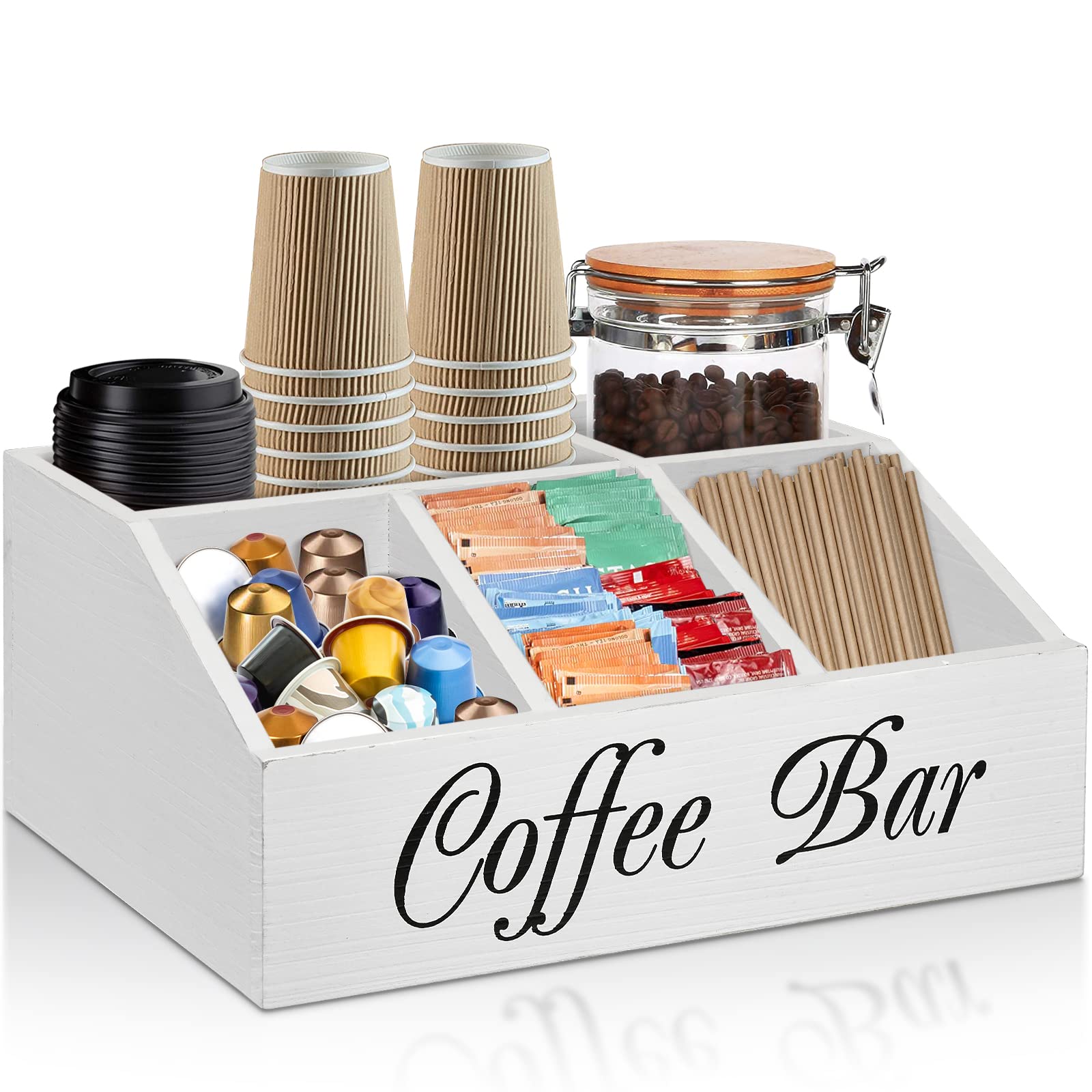 Ugiftt Coffee Station Organizer For Counter, Wood Coffee Pods Holder Storage Basket, Coffee And Tea Condiment Storage Organizer,