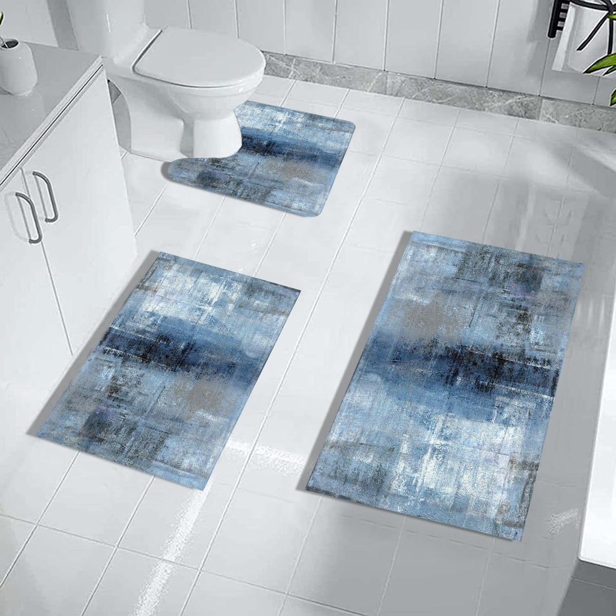 Muginyu Blue Bathroom Rug Set 3 Piece,Navy Blue Bathroom Rugs For Bathroom Decor Grey Ombre Abstract Aesthetic Farmhouse Thin Ru