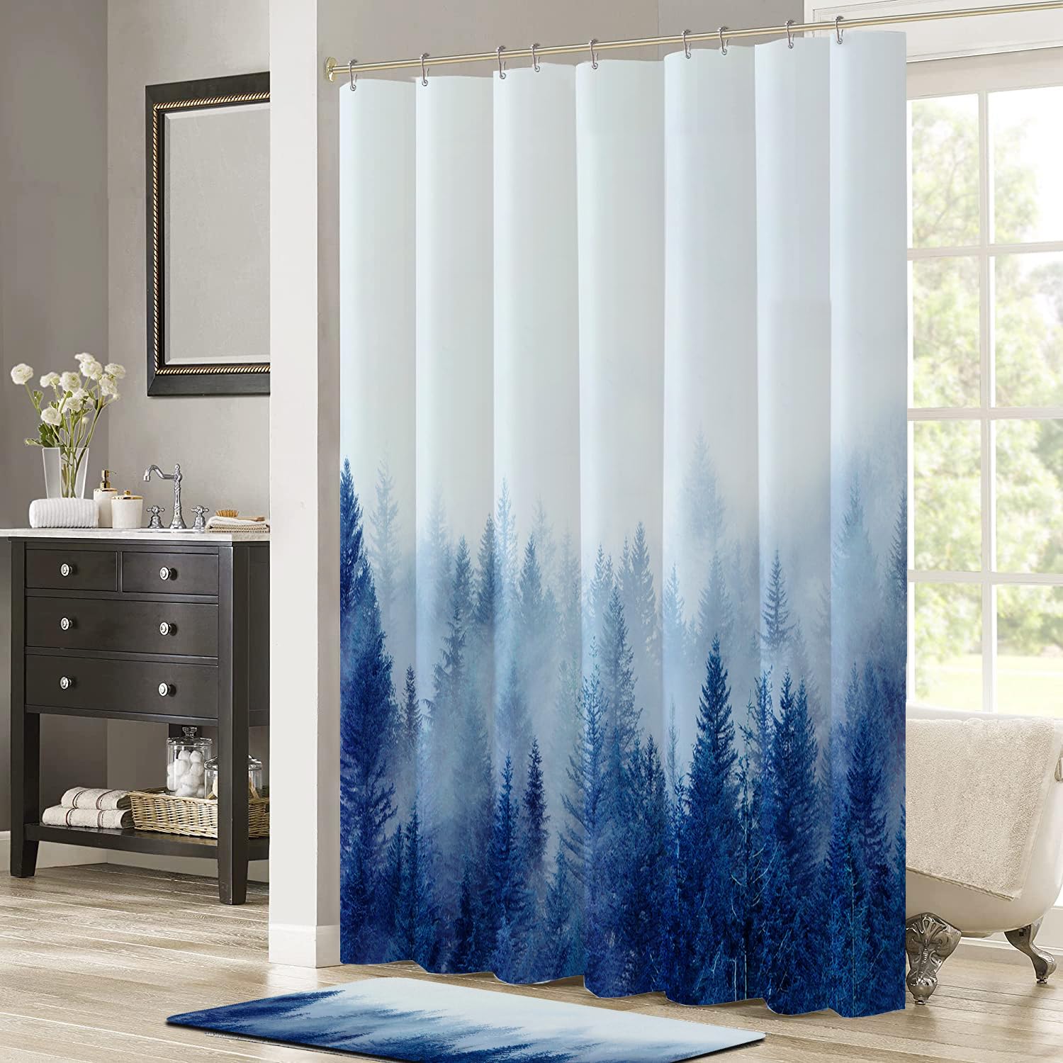 Ortigia Blue Misty Forest Shower Curtains,Nature And Woodland Shower Curtain,Fantasy Fog Magic Winter Tree Bath Curtain For Bath