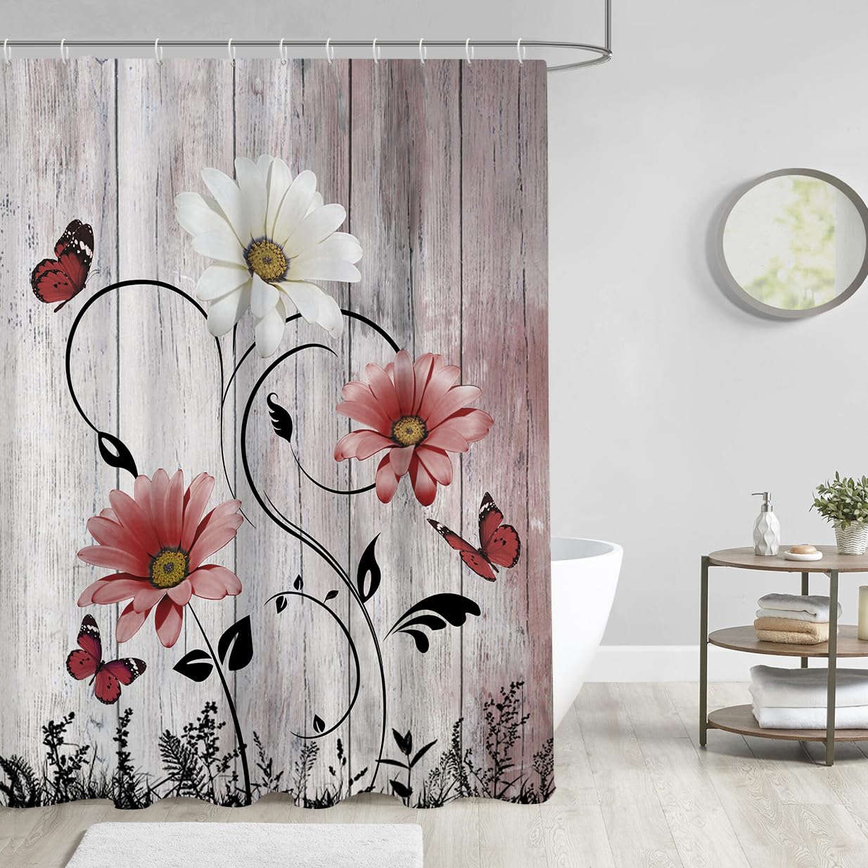 Aatter Red Floral Shower Curtain Rustic Flower White Daisy Butterfly Coral Abstract Black Leaves Bright Wildflower Boho Country