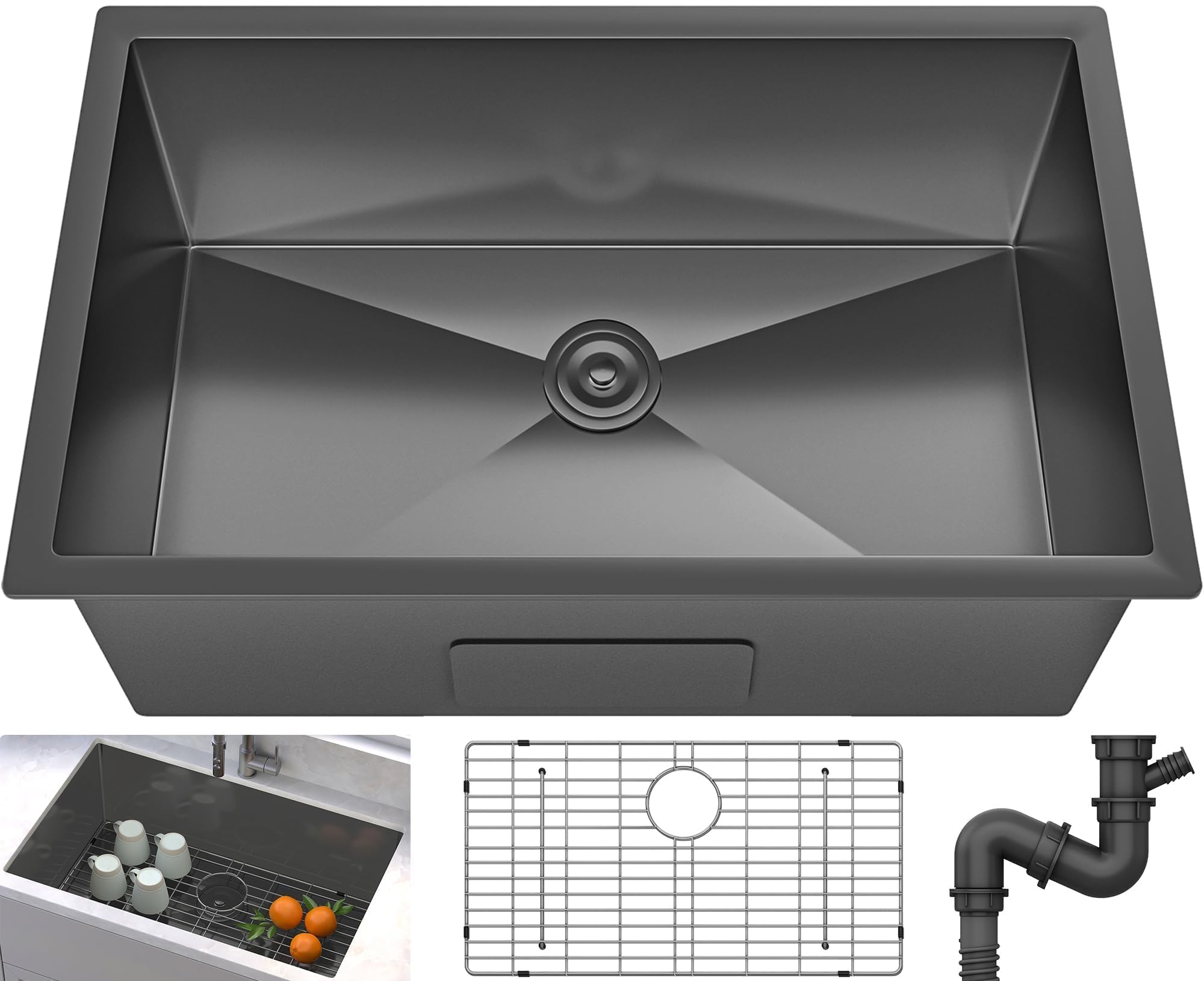 Yitahome Black Kitchen Sink 32In Undermount Sink Single Bowl 16 Gauge Stainless Steel Nano Gunmetal Black Sink With Accessories