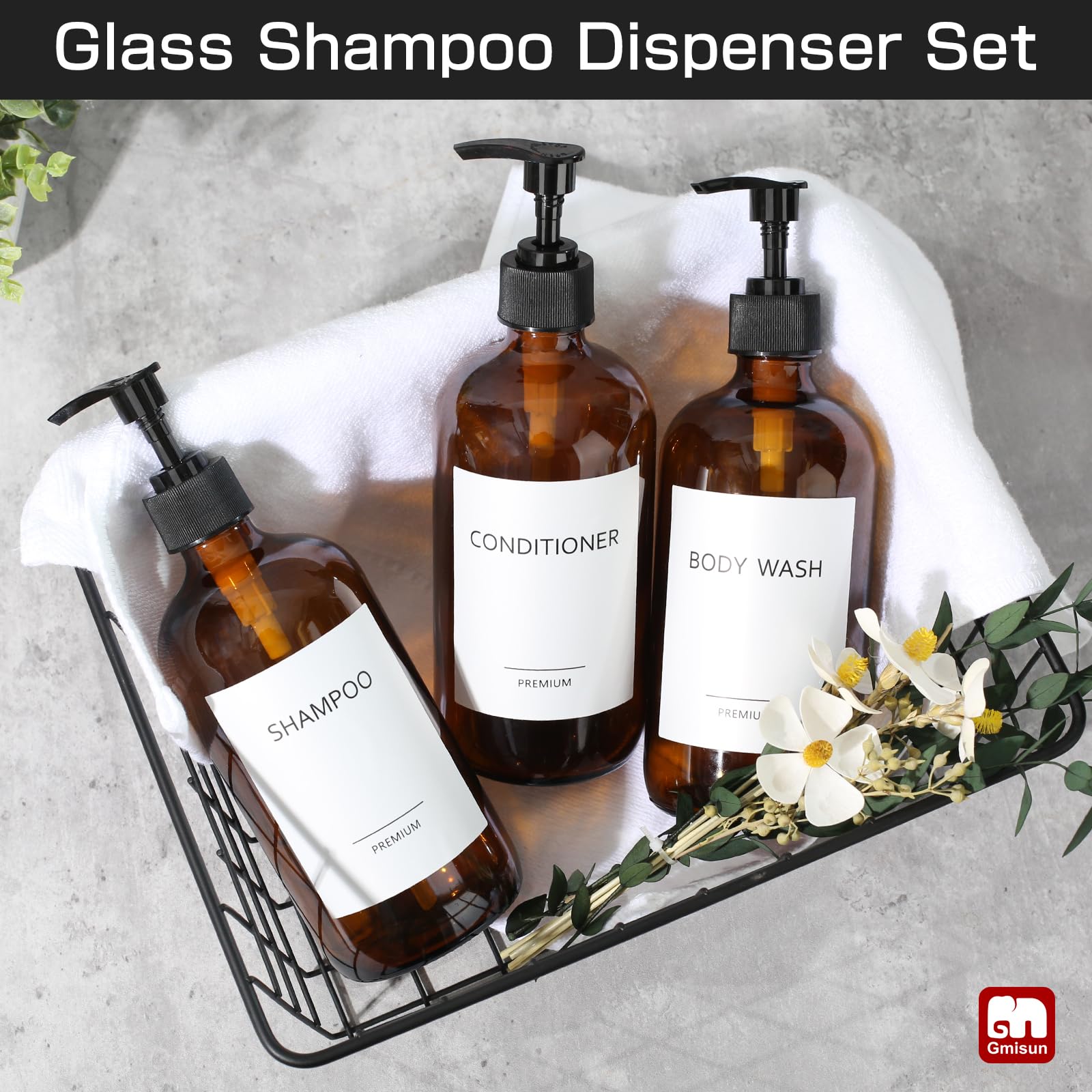 Gmisun Glass Amber Shampoo And Conditioner Dispenser Bottles, Refillable Shampoo And Conditioner, Body Wash Dispenser Bottles Wi
