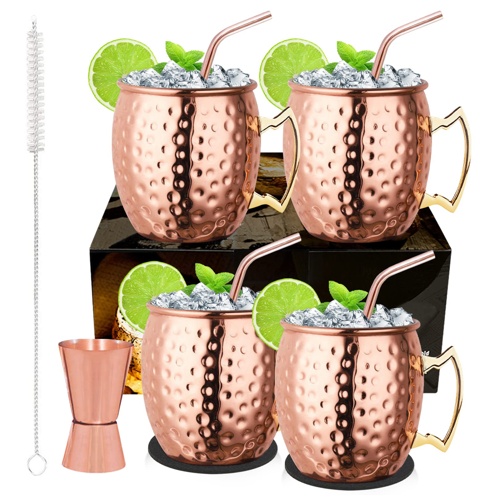 Livehitop Moscow Mule Copper Mugs Set Of 4, Copper Cups With Straws, Jigger, Coasters, Straw Brush For Party, Bar, Stainless Ste