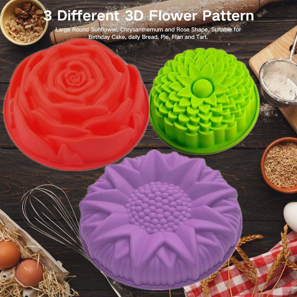 Accfore 3 Pcs Flower Shape Silicone Cake Bread Pie Flan Tart Jello Molds,Non-Stick Silicone Baking Molds,Silicone Cake Molds,Lar