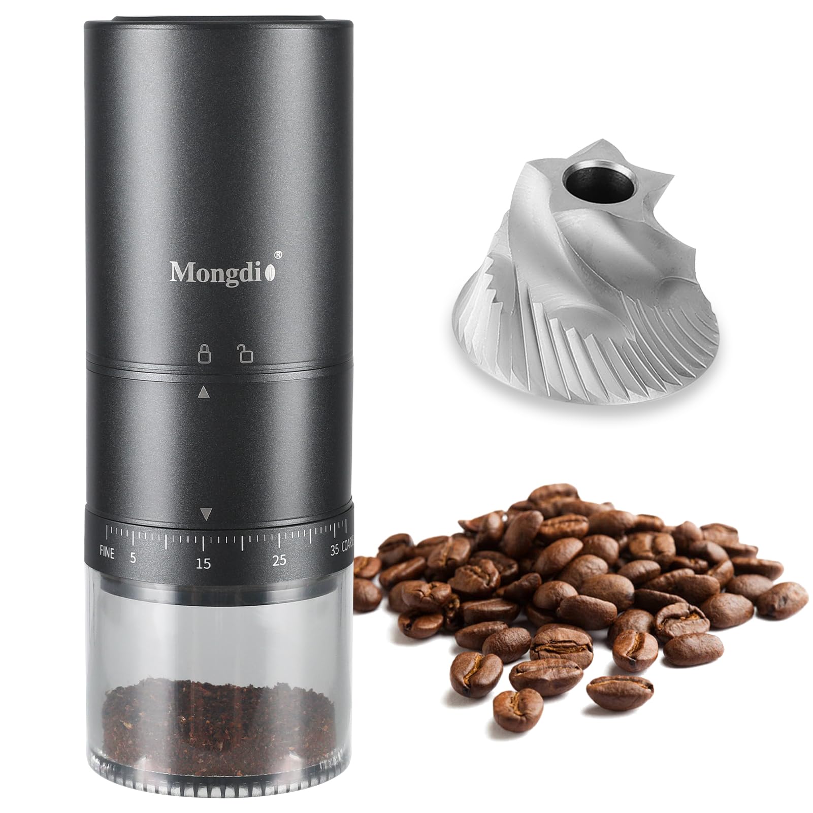 Mongdio Portable Electric Coffee Bean Grinder with 38 Adjustable Settings, Electric Burr Coffee Grinder Stainless Steel Core, Fo