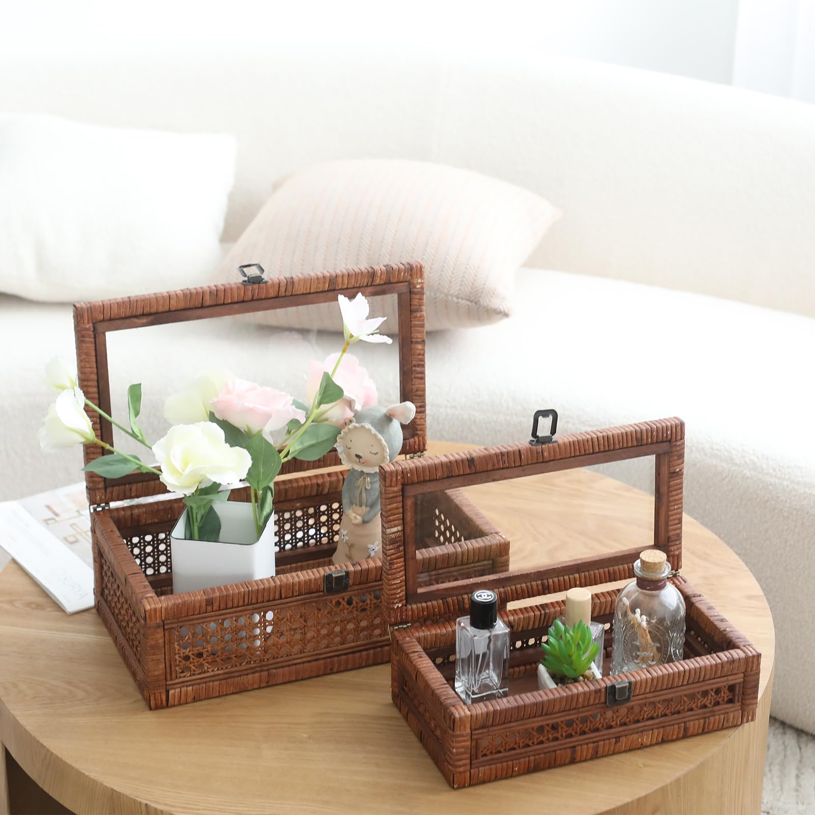 DECOR4SEASON Rattan and Cane Stacking Boxes with Glass Top Lid - Set of 2 11.8 and 14.1, for Boho and Rustic Farmhouse Decor, Br