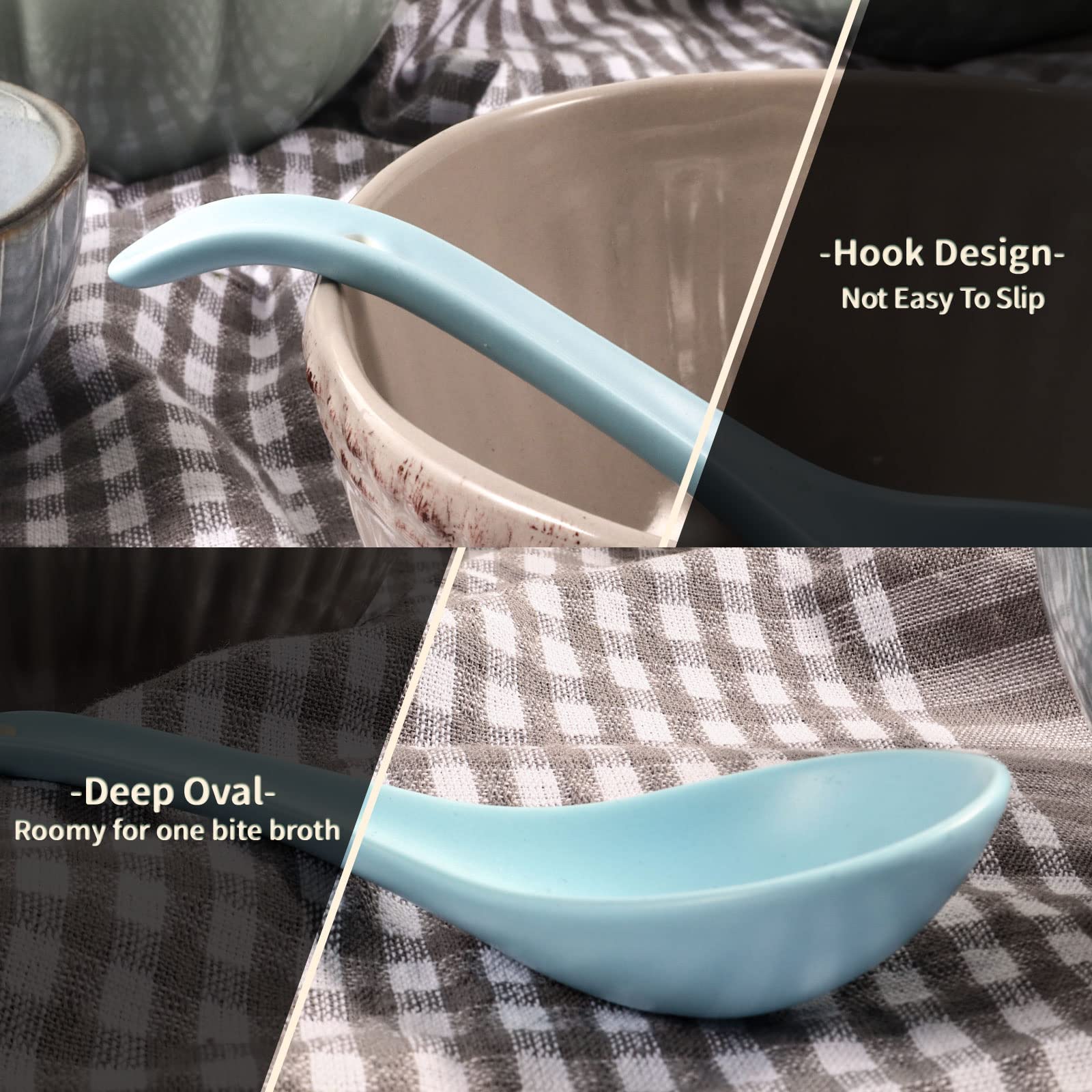 Wareland Asian Soup Spoon Set Of 6, 6.75 Inch Ultra-Fine Ceramic Chinese Soup Spoons, Blue Japanese Soup Spoon For Cereal Stews