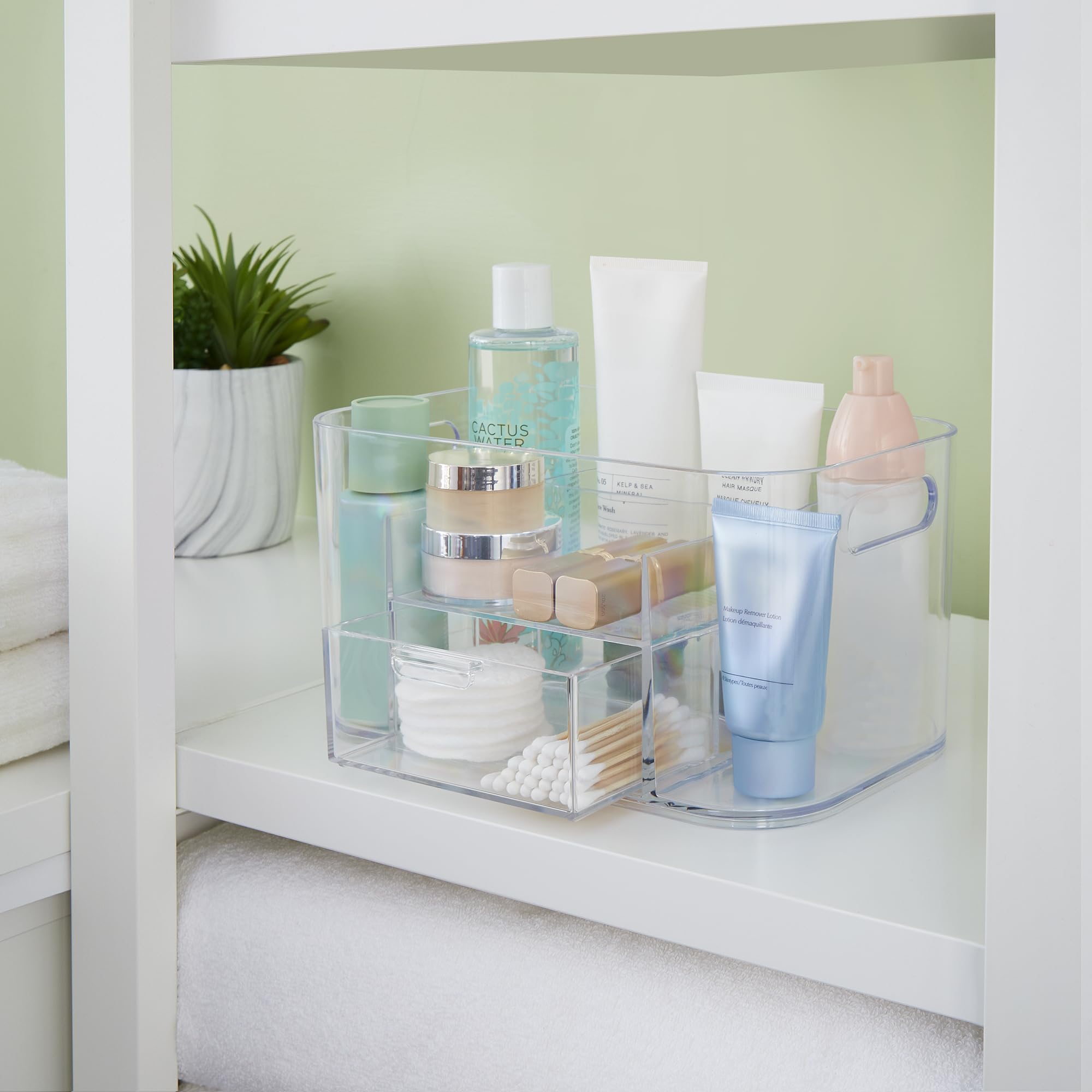STORi Bliss 4-Compartment Plastic Vanity Organizer with Small Accessory Drawer in Clear | Rectangular Makeup  Skincare  & Cosmetic Storage Bin with Pass-Through Handles | Made in USA
