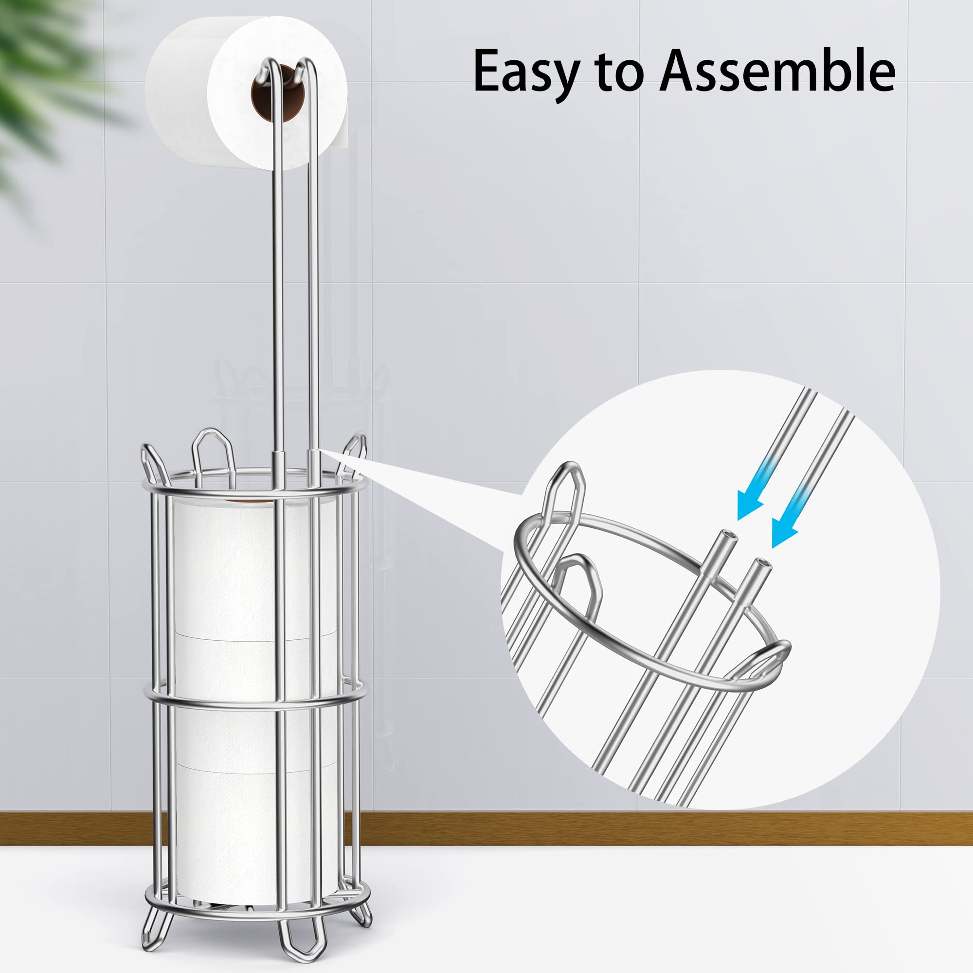 Meangood Toilet Paper Holder Stand and Tissue Paper Roll Dispenser for 4 Mega Rolls  Bathroom Free Standing Tissue Roll Storage Holder Rack  Metal Wire Silver