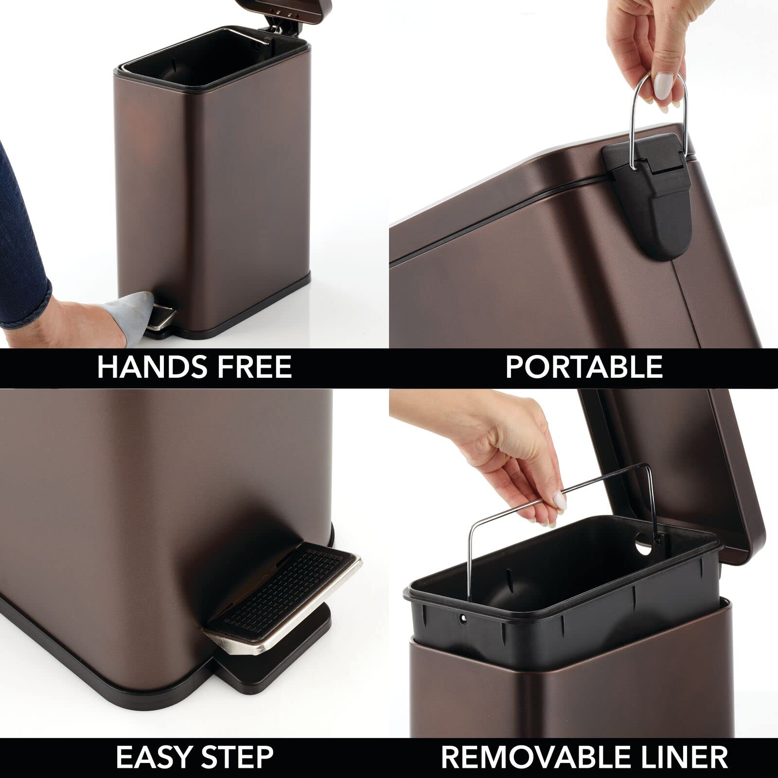 mDesign Pedal Bin - Waste Bin with Pedal, Lid and Plastic Bucket Insert for Bathroom, Kitchen, and Office - Metal Household Rubb
