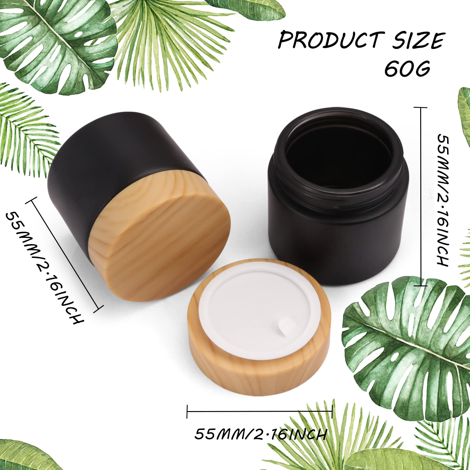 4 Pack 2 Oz Black Glass Cream Jar,Empty Frosted Sample Jar Pot With Plastic Lids,Inner Liner Travel Storage Jar Container For Lo